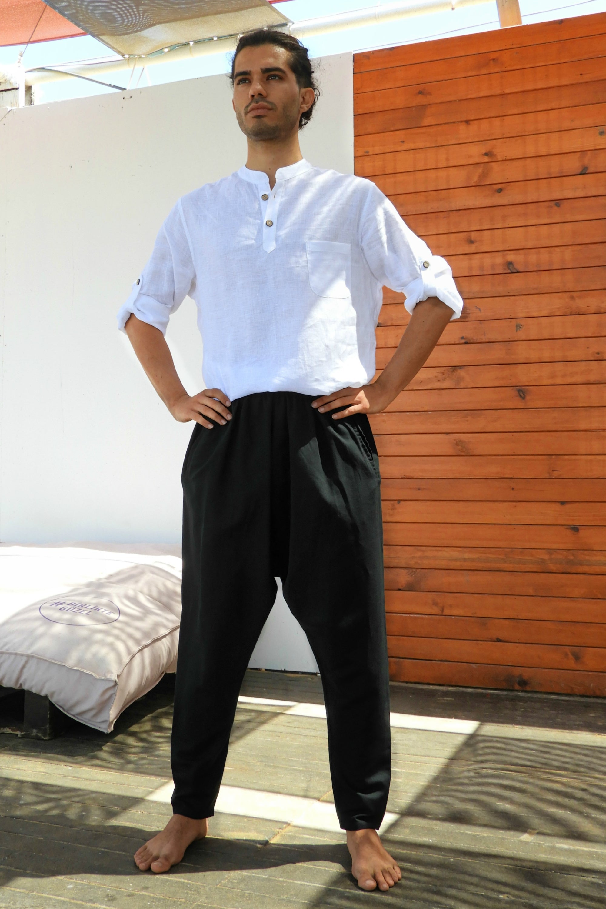 Odana's | Sustainable Gifts | ROOTS Men's Linen Harem Pants, Black | Harem Pants | Sustainable Fashion