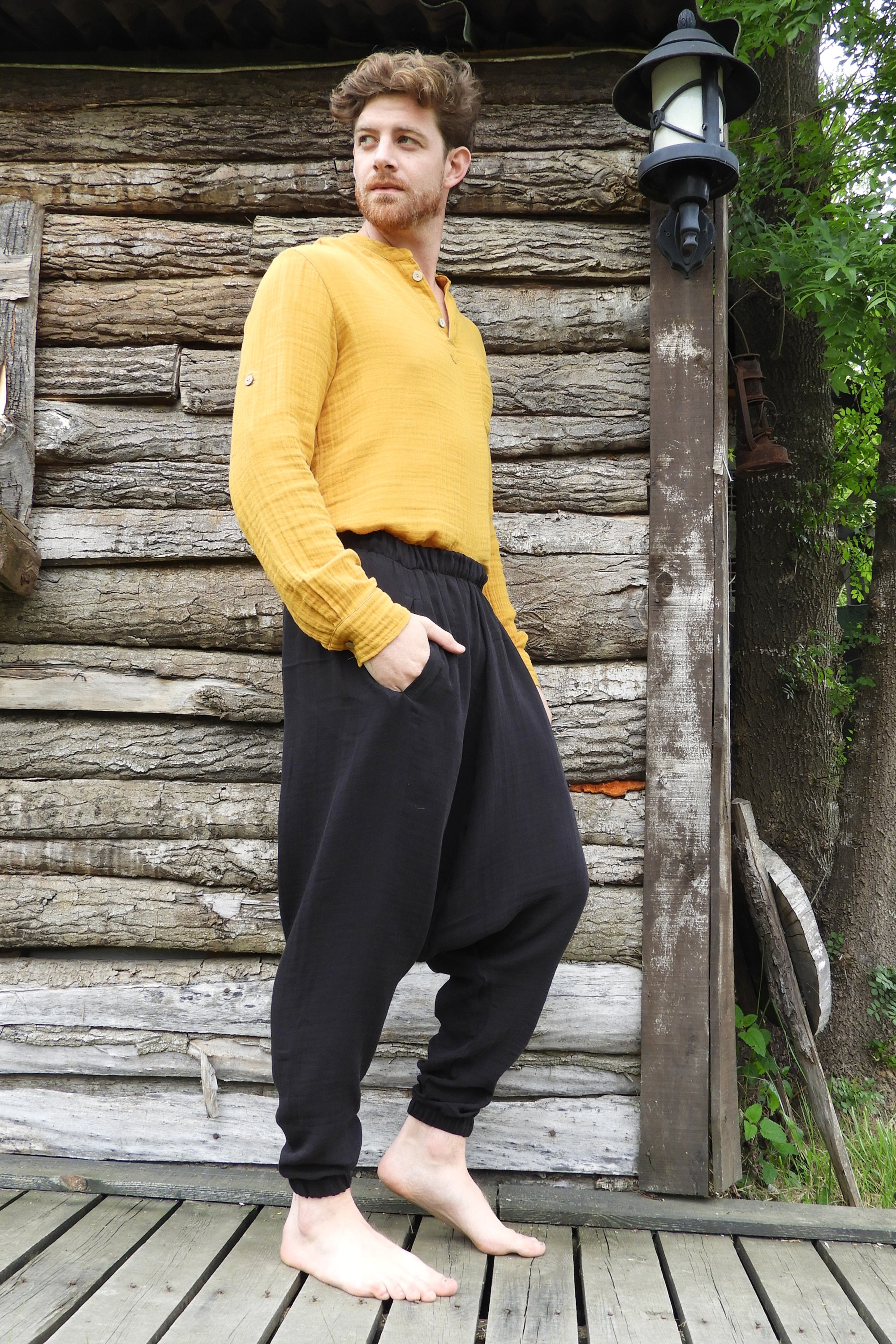 Odana's | Sustainable Gifts | TRIBAL Men's Organic Gauze Cotton Harem Pants (Black, Beige) | Harem Pants | Sustainable Fashion