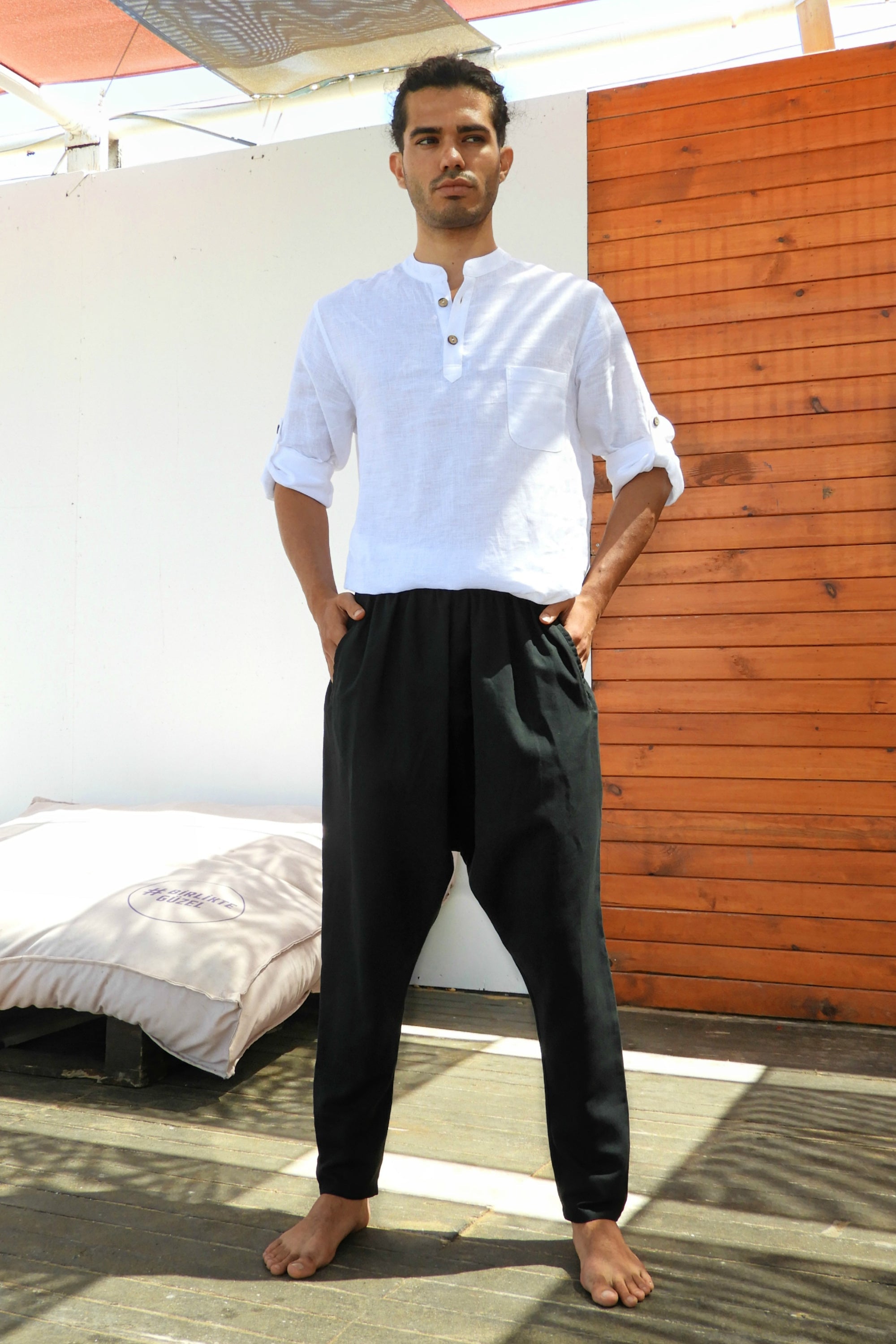 Odana's | Sustainable Gifts | ROOTS Men's Linen Harem Pants, Black | Harem Pants | Sustainable Fashion