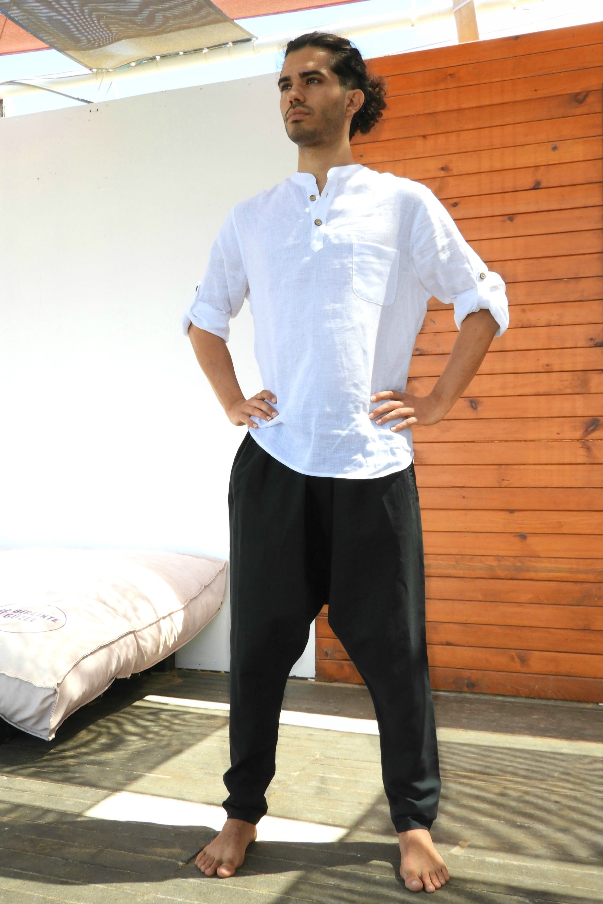 Odana's | Sustainable Gifts | ROOTS Men's Linen Harem Pants, Black | Harem Pants | Sustainable Fashion