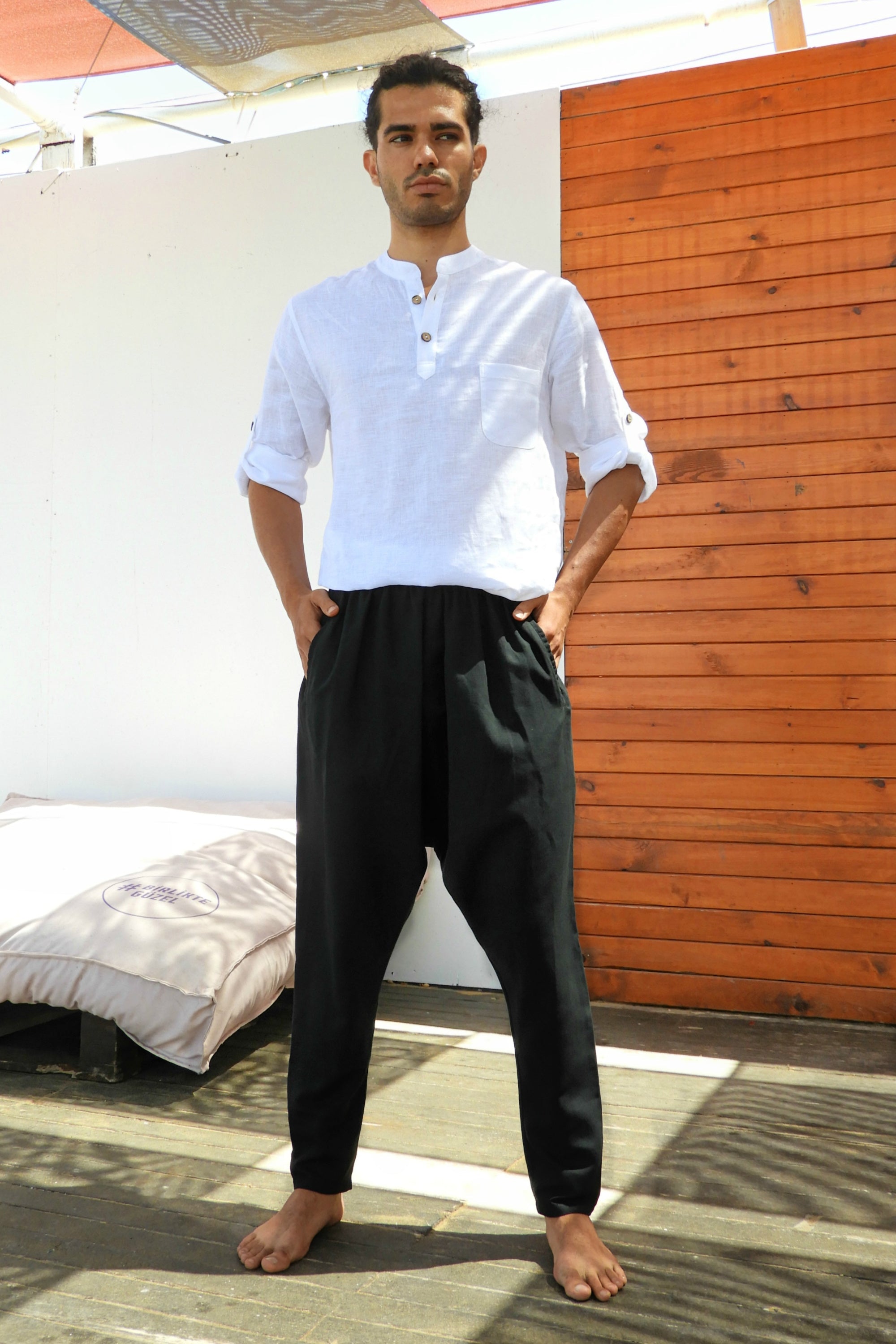 Odana's | Sustainable Gifts | ROOTS Men's Linen Harem Pants, Black | Harem Pants | Sustainable Fashion