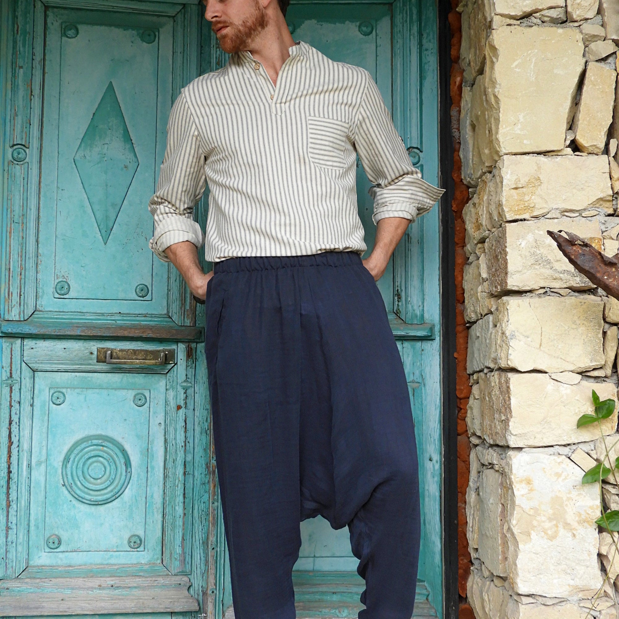 Odana's | Sustainable Gifts | RELAX Gender Neutral Organic Gauze Cotton Harem Pants (Black, Dark Blue) Dark Blue | Harem Pants | Sustainable Fashion