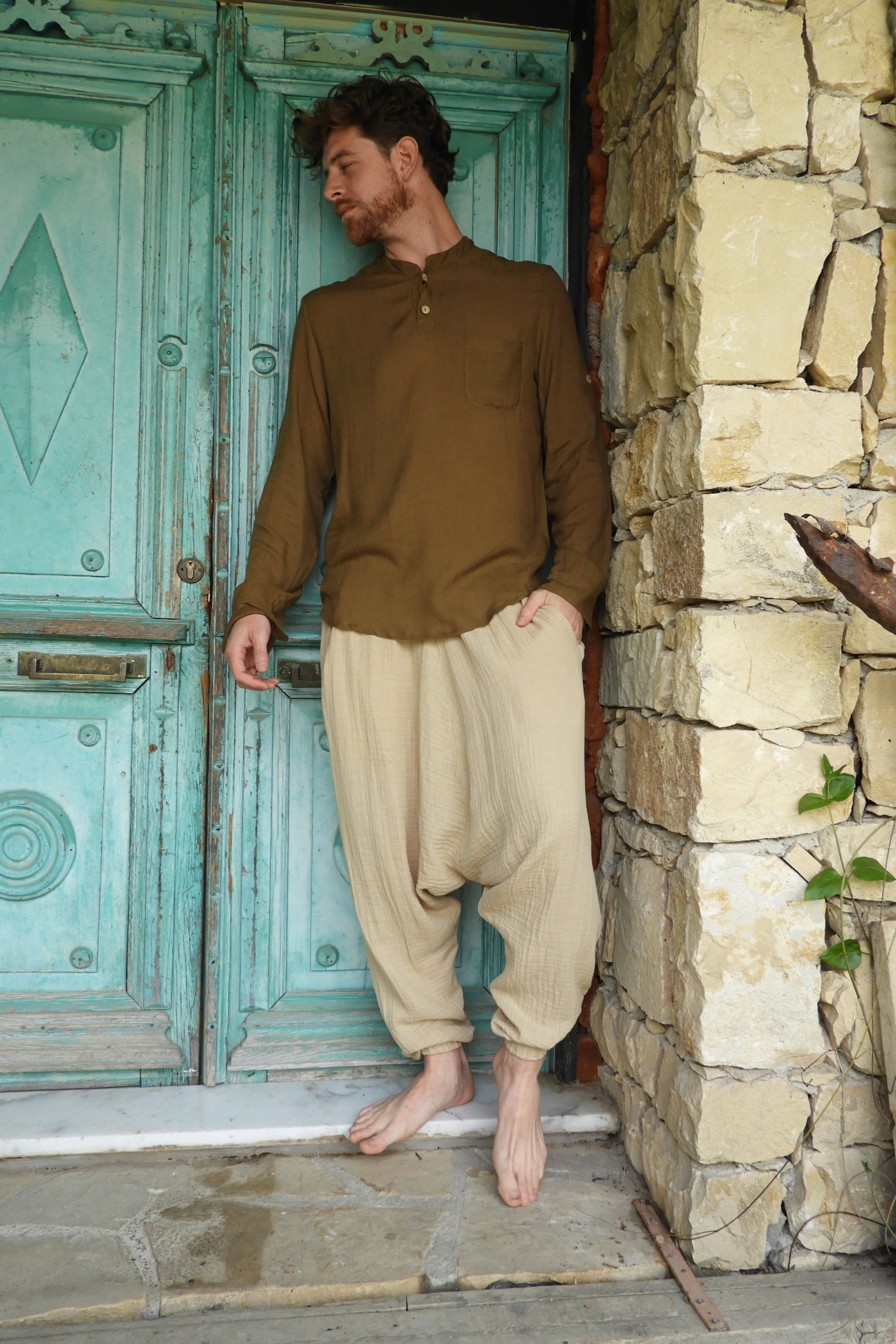 Odana's | Sustainable Gifts | TRIBAL Men's Organic Gauze Cotton Harem Pants (Black, Beige) | Harem Pants | Sustainable Fashion