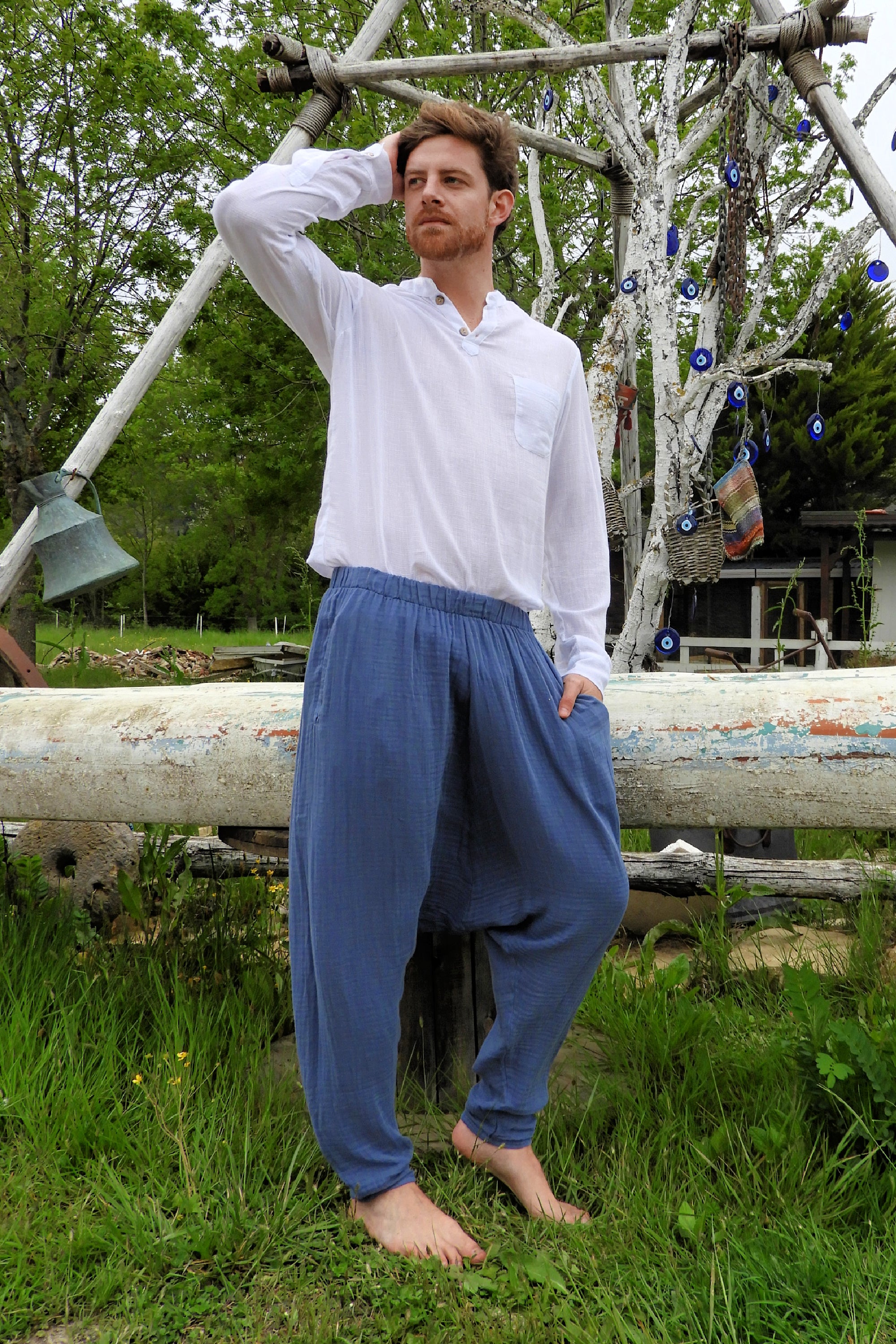 Odana's | Sustainable Gifts | RELAX Gender Neutral Organic Gauze Cotton Harem Pants (Brown, Indigo Blue) | Harem Pants | Sustainable Fashion