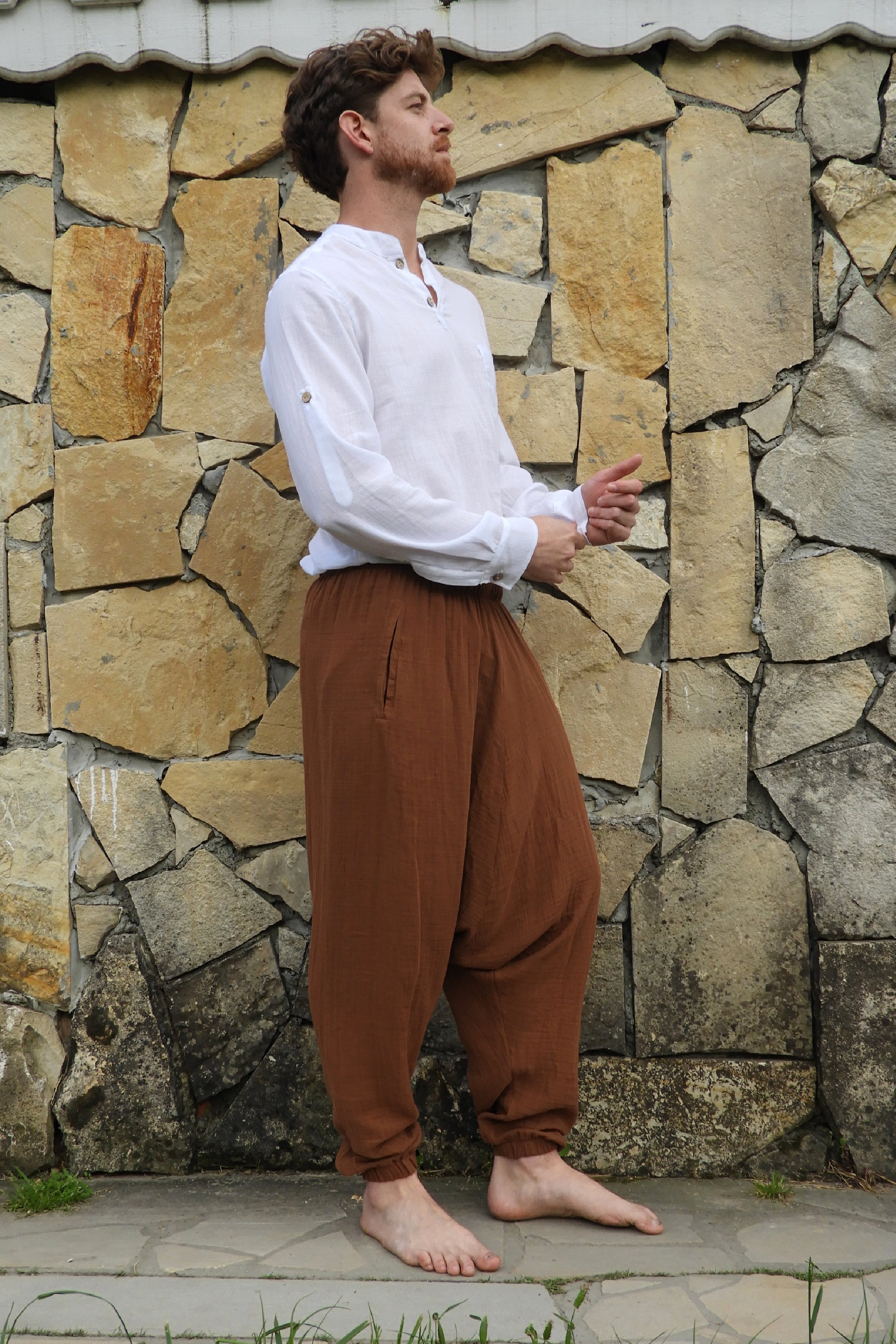Odana's | Sustainable Gifts | TRIBAL Gender Neutral Organic Gauze Cotton Harem Pants (Brown, Gray) | Harem Pants | Sustainable Fashion