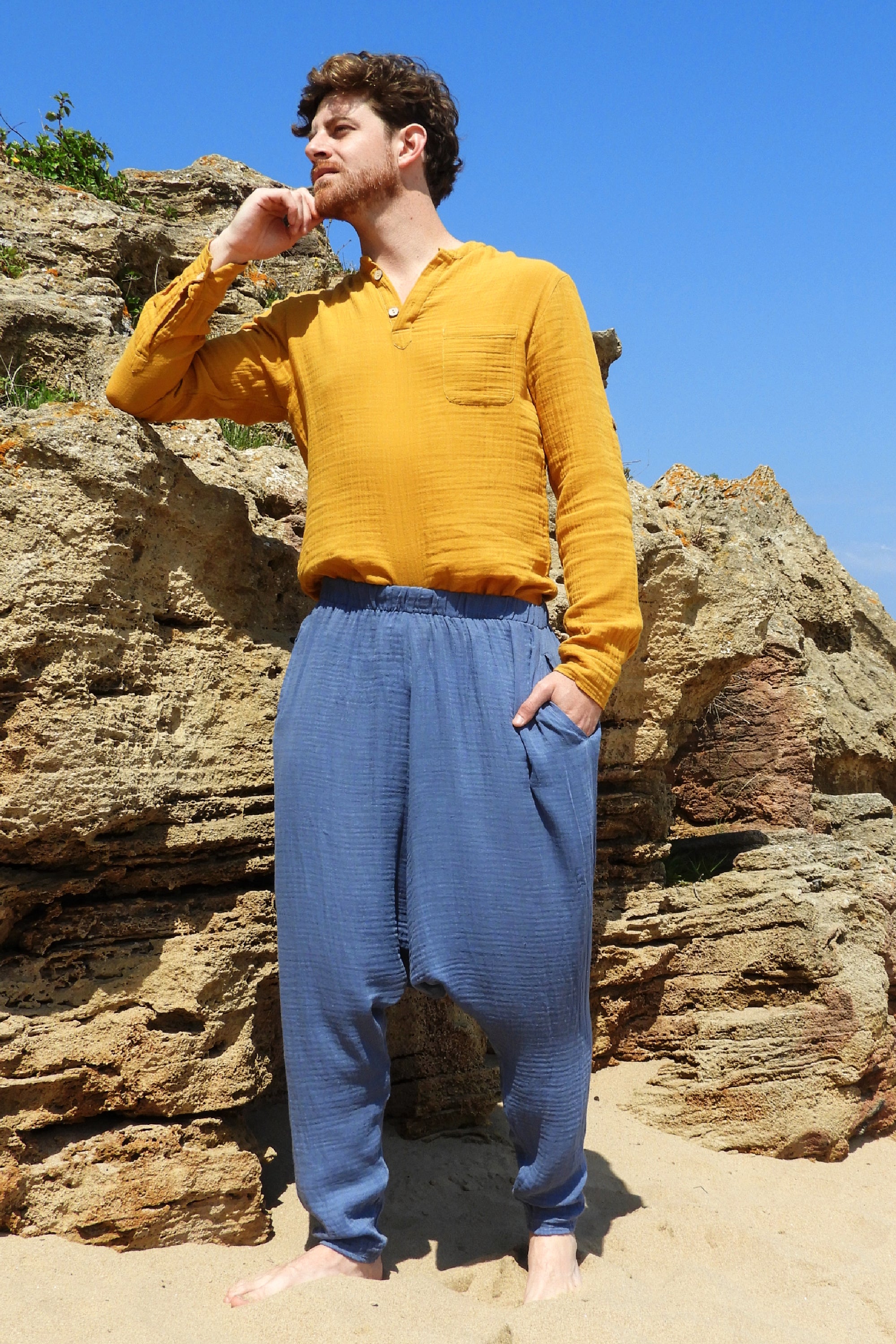 Odana's | Sustainable Gifts | RELAX Gender Neutral Organic Gauze Cotton Harem Pants (Brown, Indigo Blue) | Harem Pants | Sustainable Fashion