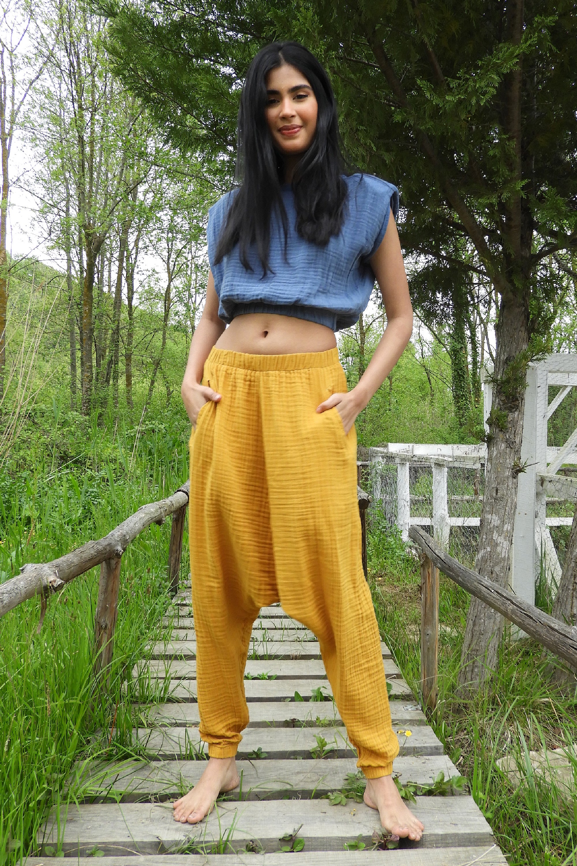 Odana's | TRIBAL Women's Gauze Cotton Harem Pants (Indigo Blue,Mustard) | Harem Pants | Sustainable Fashion