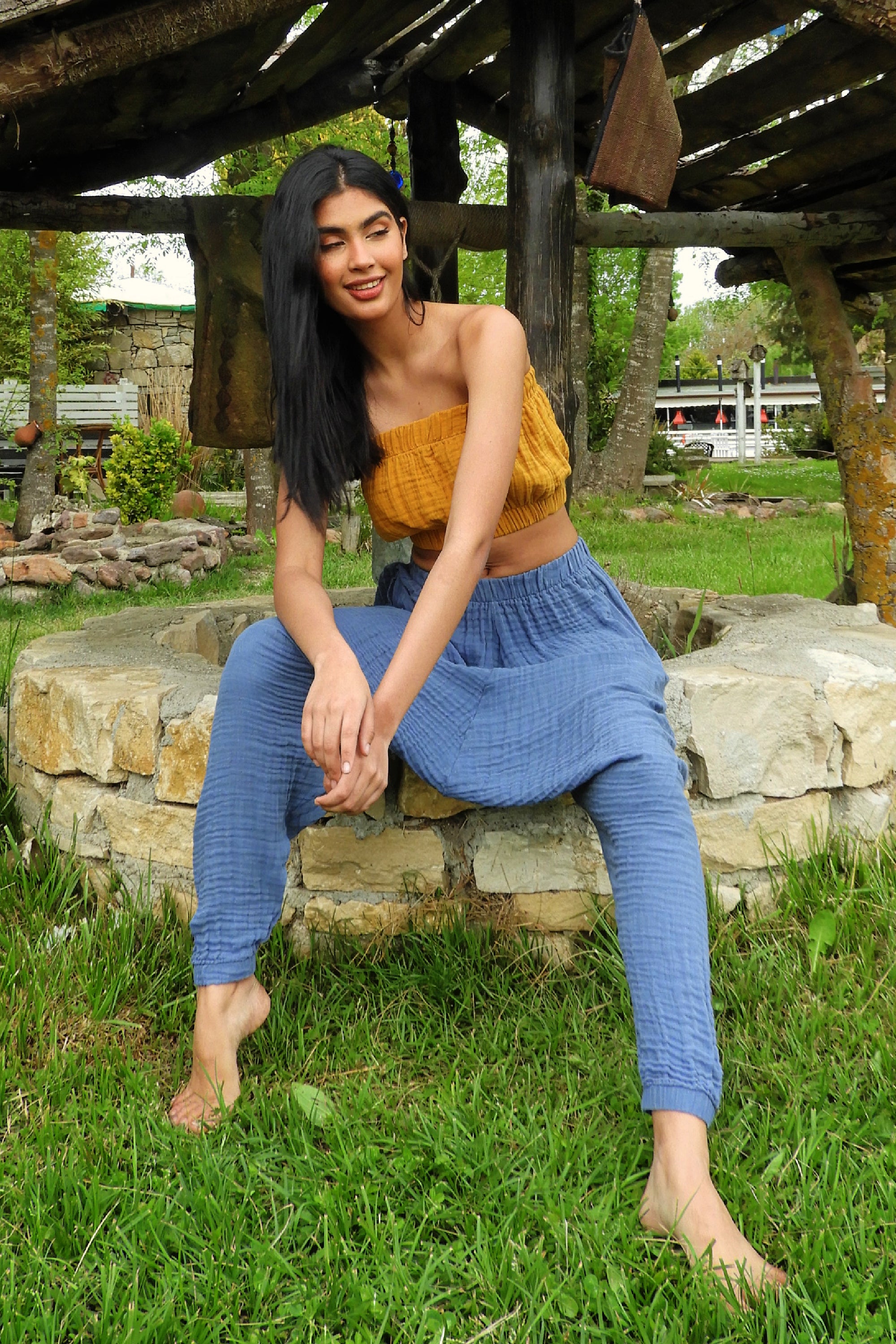 Sustainable  | TRIBAL Women's Gauze Cotton Harem Pants (Indigo Blue,Mustard) by Odana's