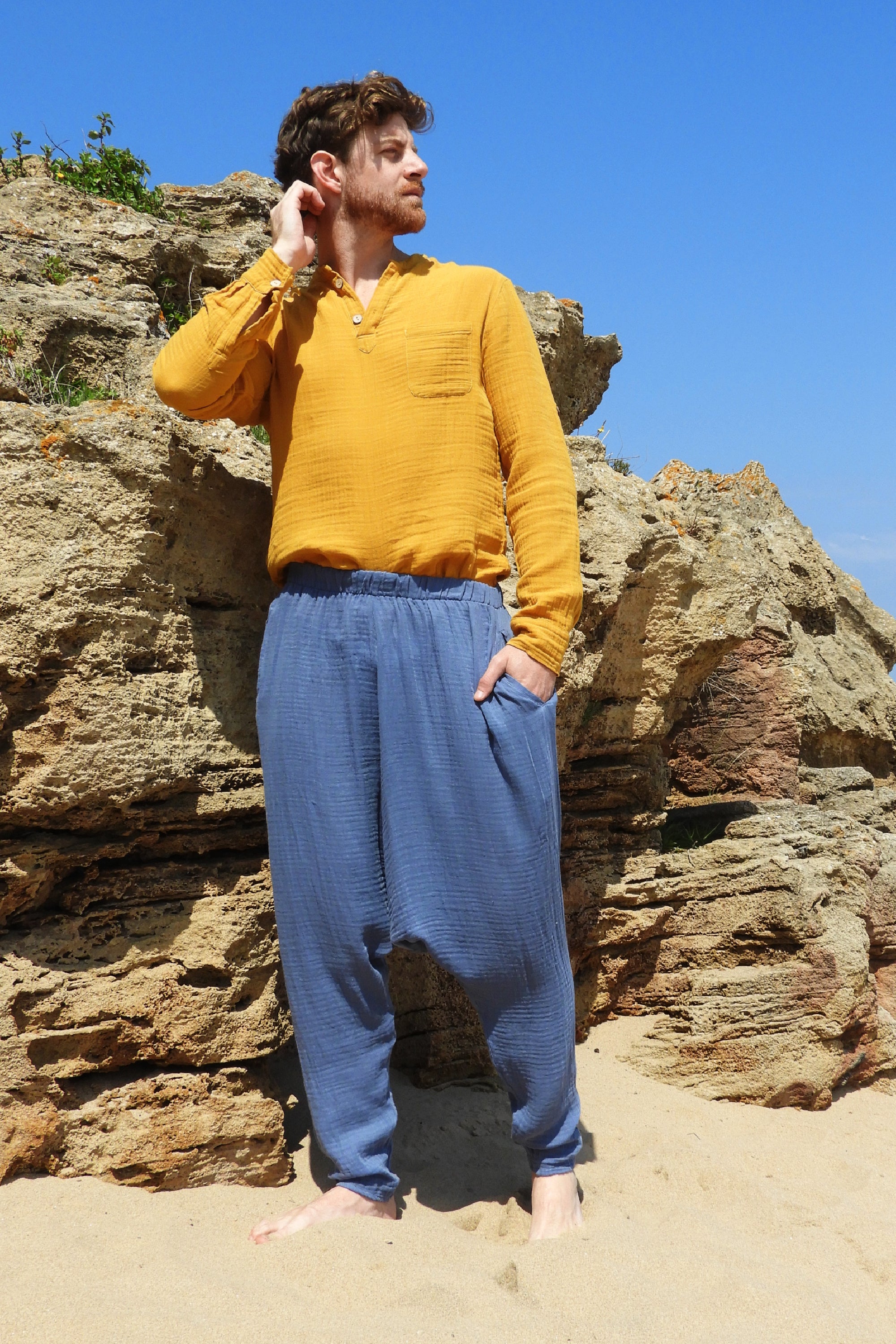 Sustainable  | RELAX Men's Gauze Cotton Harem Pants (Indigo Blue) by Odana's