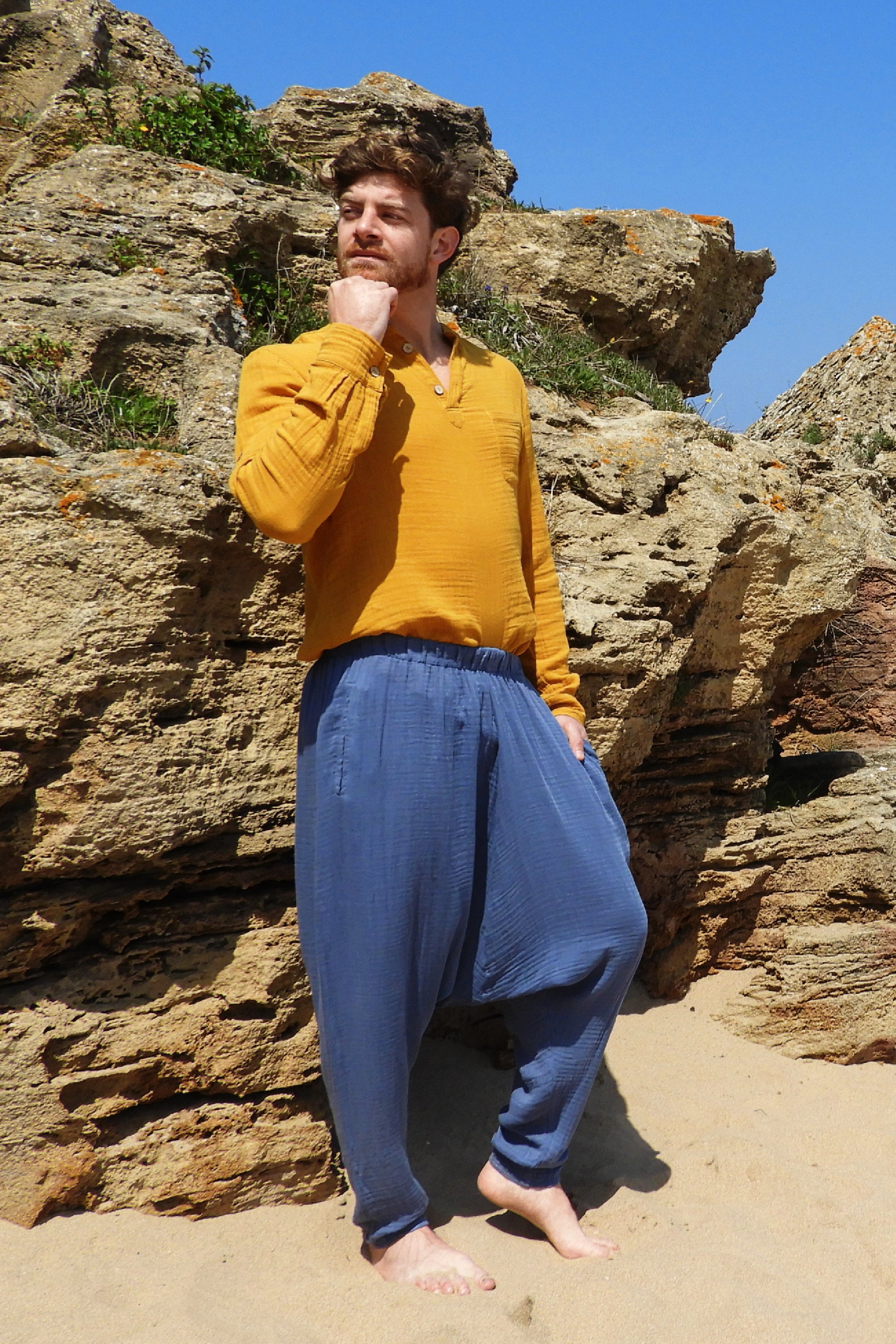 Odana's | Sustainable Gifts | RELAX Gender Neutral Organic Gauze Cotton Harem Pants (Brown, Indigo Blue) | Harem Pants | Sustainable Fashion