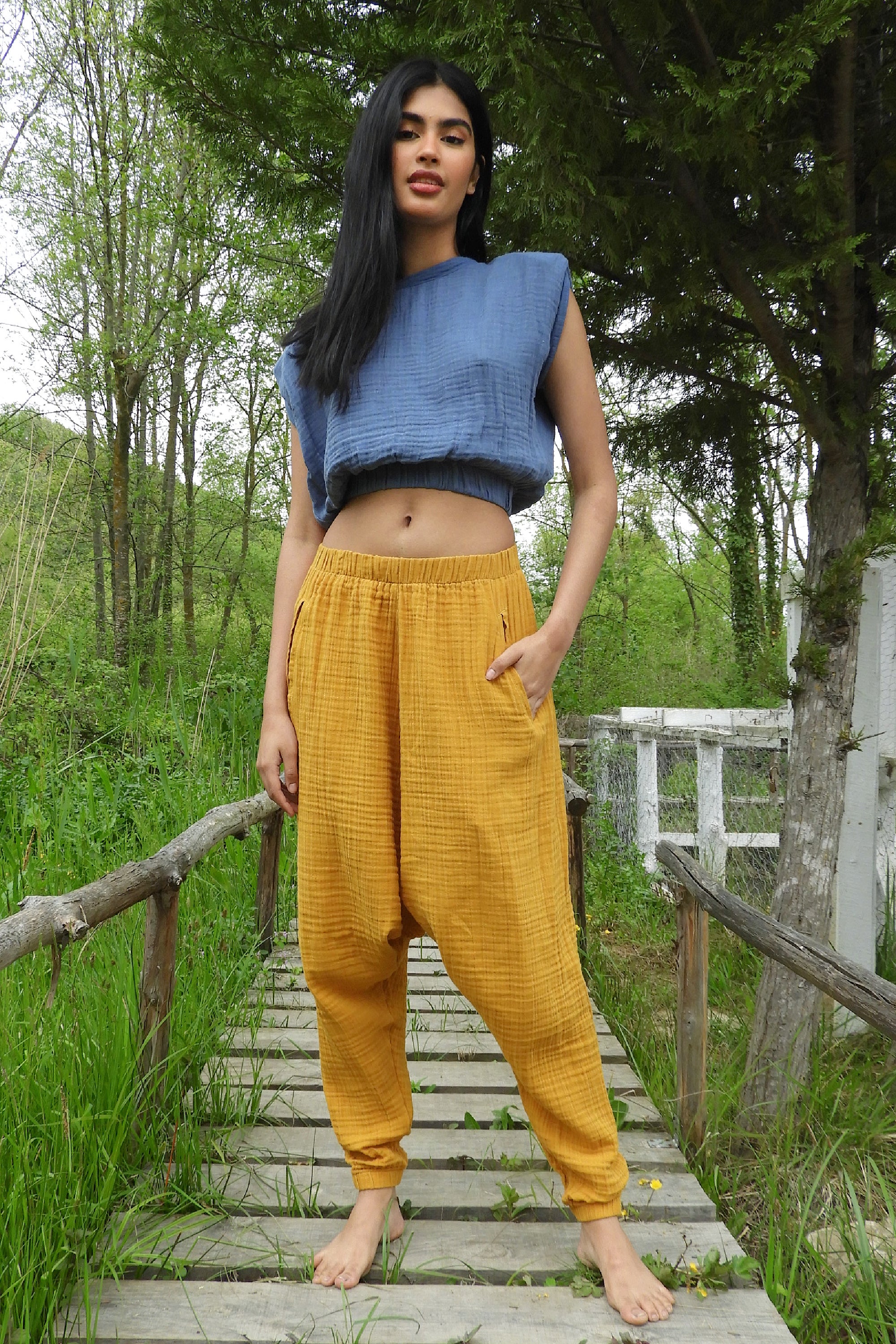 Odana's | TRIBAL Gender Neutral Gauze Cotton Harem Pants (Indigo Blue, Mustard) | Harem Pants | Sustainable Fashion