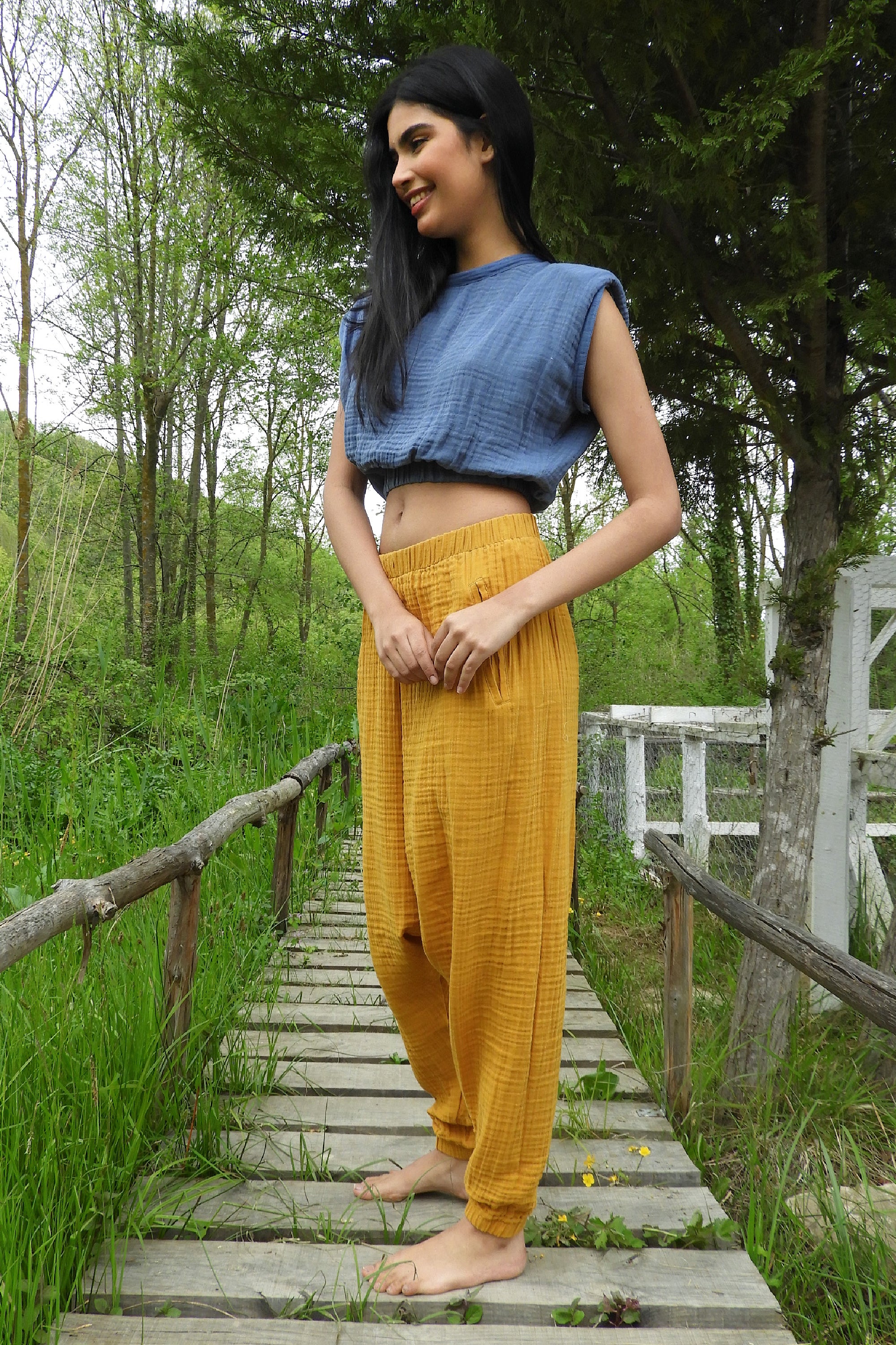 Sustainable  | TRIBAL Women's Gauze Cotton Harem Pants (Indigo Blue,Mustard) by Odana's