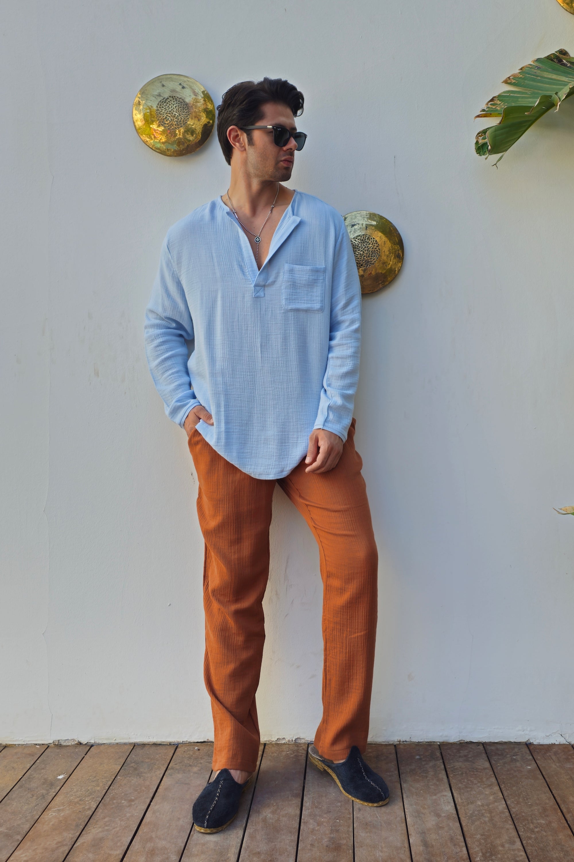 THANOS Bamboo & Cotton Shirt – Men's Oversized Boho Shirt ( Mist Blue, Beige )