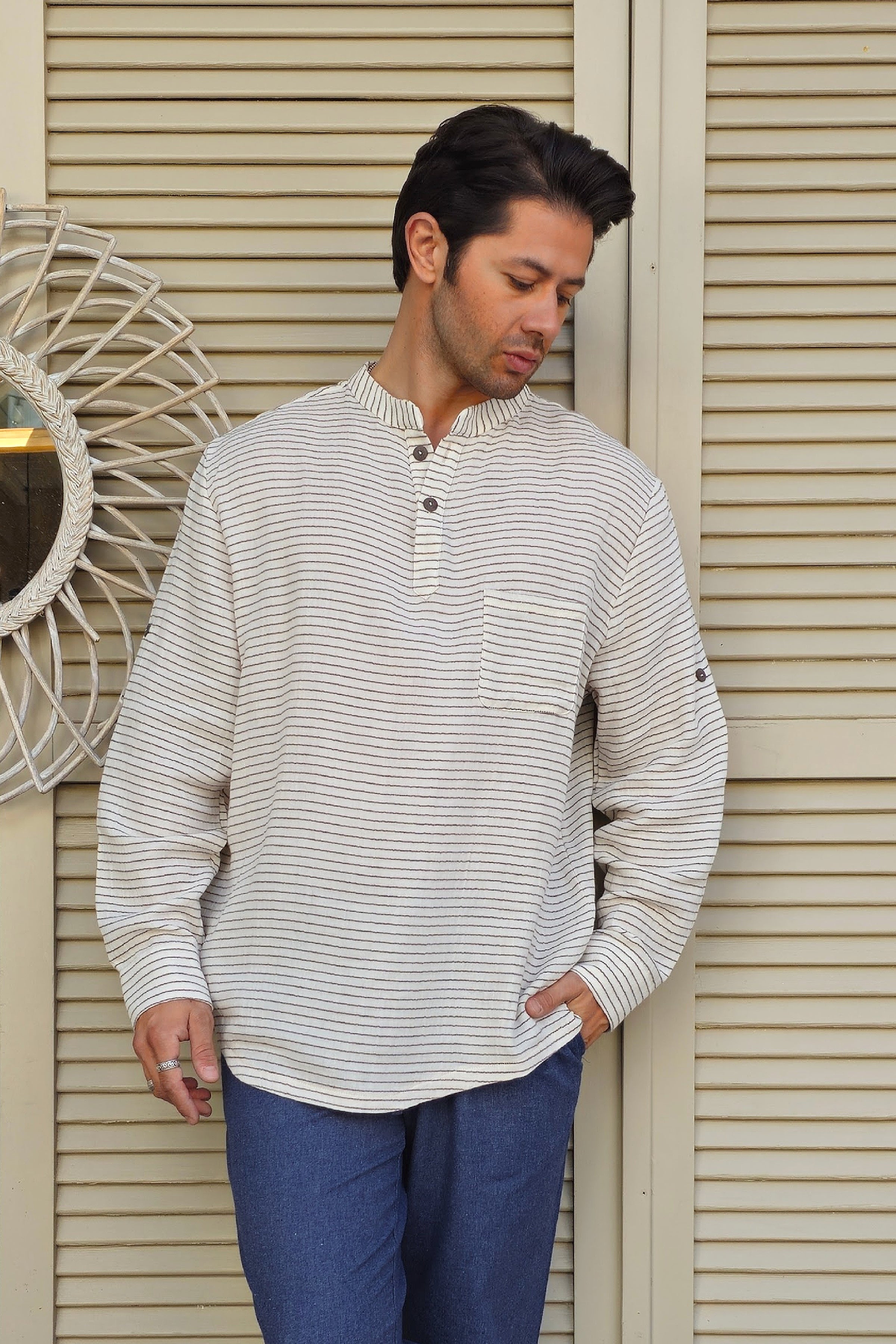 Odana's | Sustainable Gifts | ZEUS STRIPES Organic Double Gauze Shirt (Light Cream) Light Cream | Shirts | Sustainable Fashion