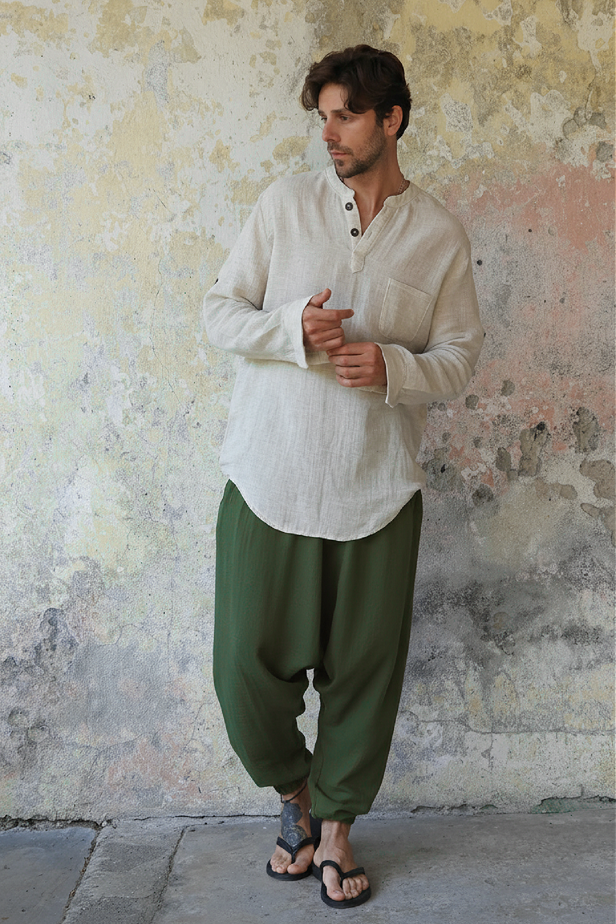 TRIBAL Men's Organic Gauze Cotton Harem Pants (Dark Green, Sage Green)