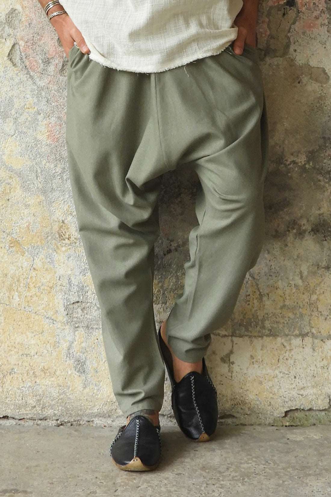 Odana's | Sustainable Gifts | MOON Gender Neutral Linen Blend Harem Pants (Terra Cotta, Almond Green) Almond Green | Linen Harem Pants | Sustainable Fashion