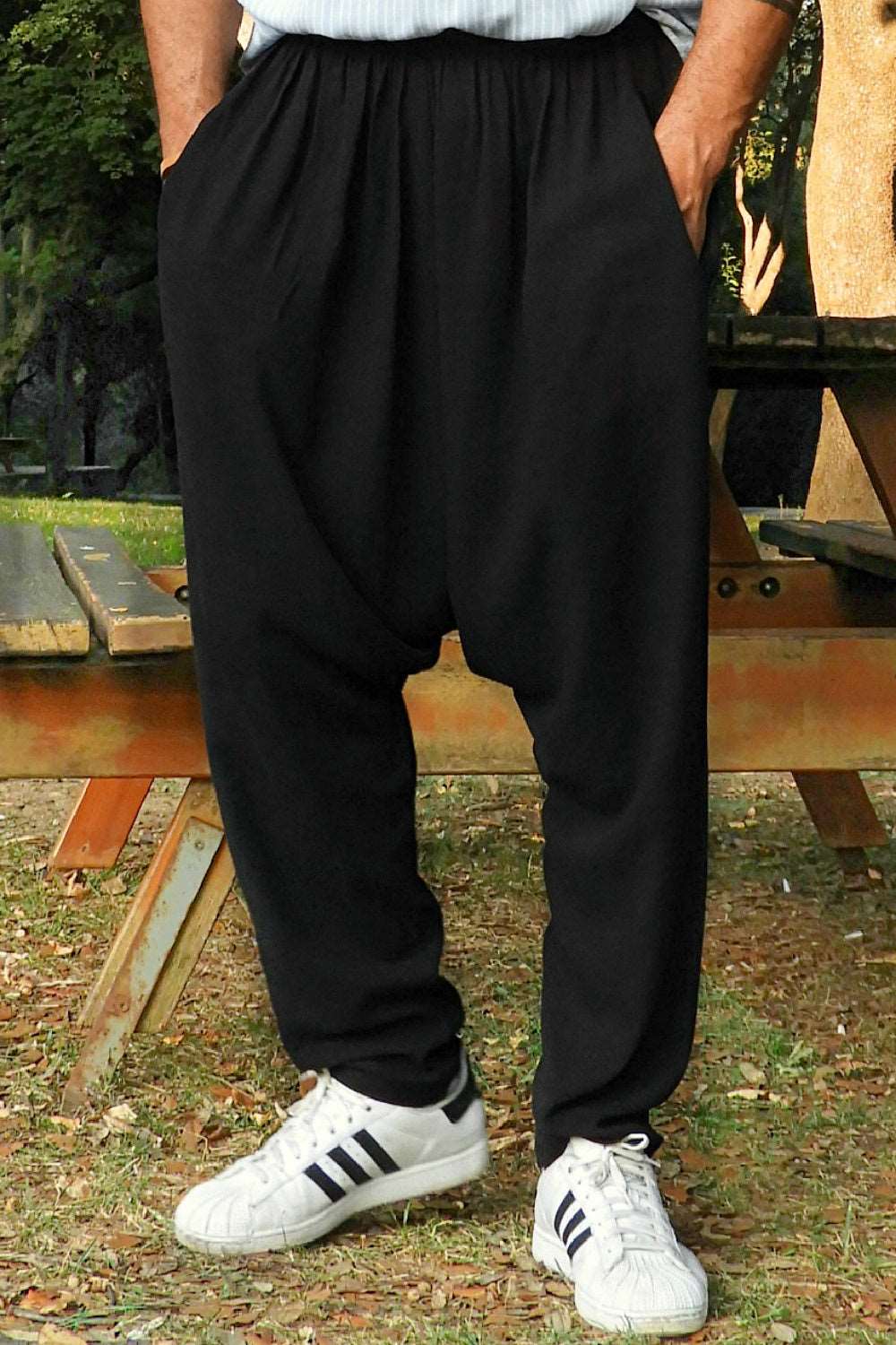 Odana's | Sustainable Gifts | MOON Men's Linen Blend Harem Pants (Black, Tan) Black | Linen Harem Pants | Sustainable Fashion