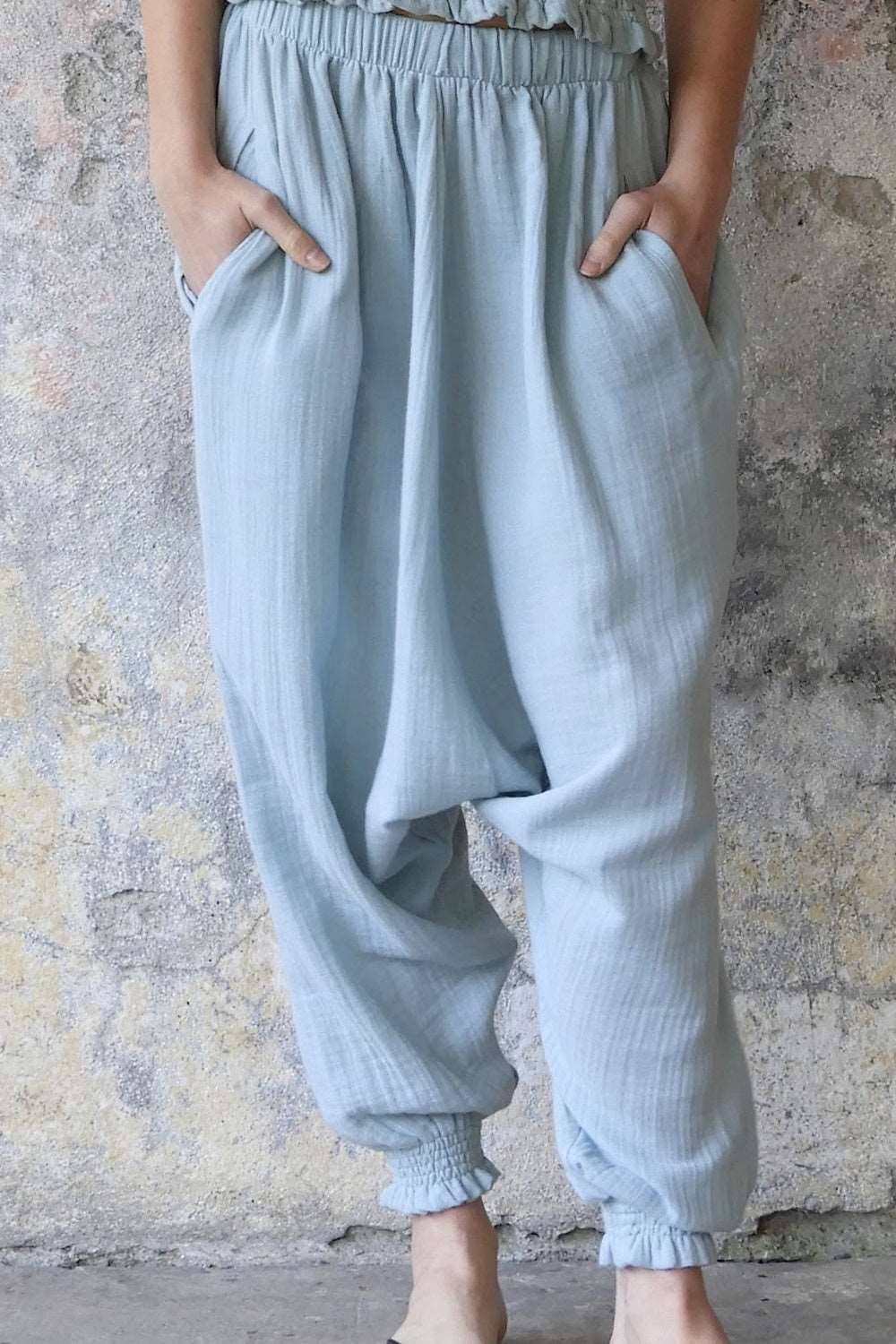 Odana's | Sustainable Gifts | GAIA Women's Organic Gauze Cotton Harem Pants (Light Blue, Mint, Orange) Light Blue | Harem Pants | Sustainable Fashion