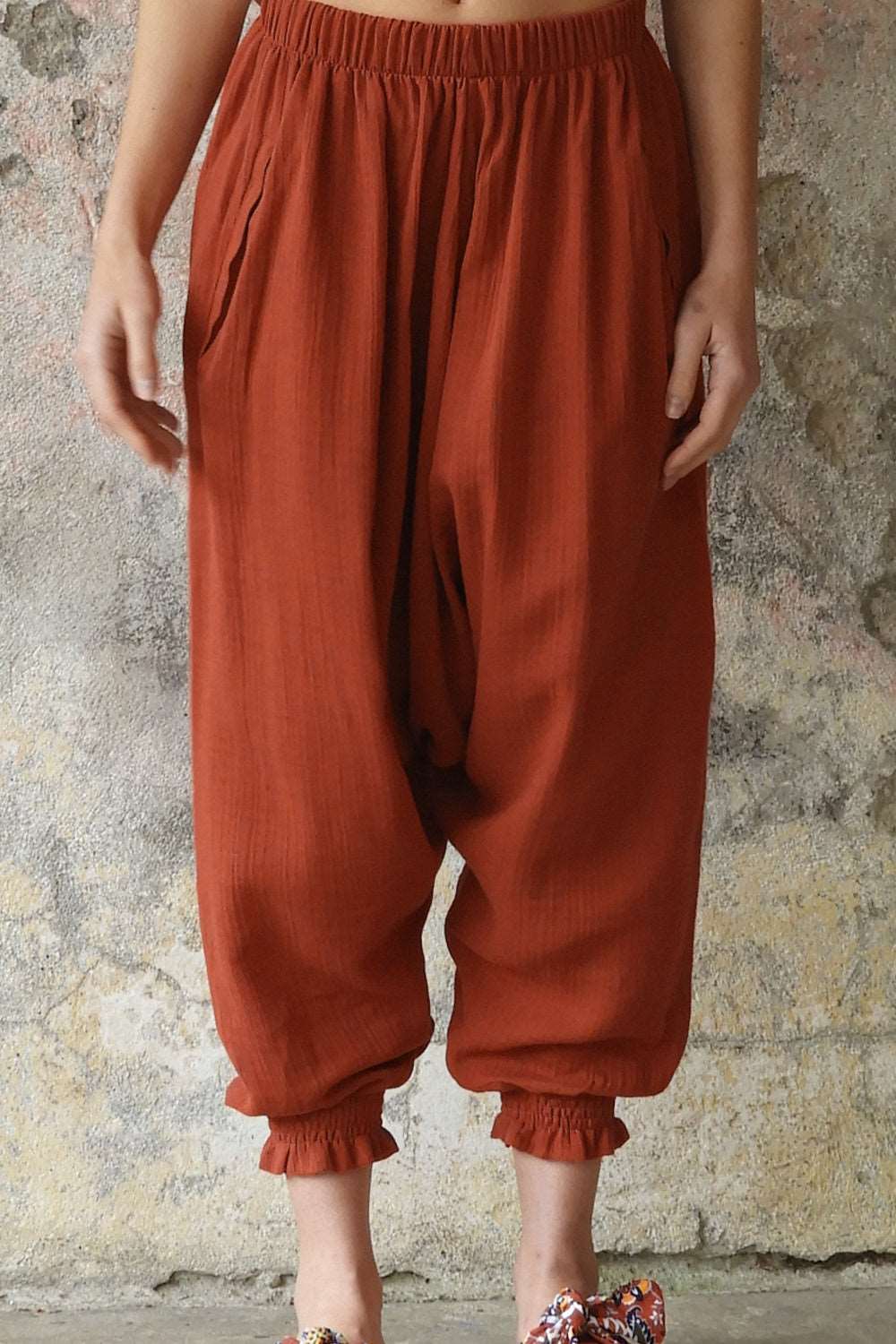 Odana's | GAIA Women's Gauze Cotton Harem Pants (Red, Terra Cotta, Caramel) Terra Cotta | Harem Pants | Sustainable Fashion