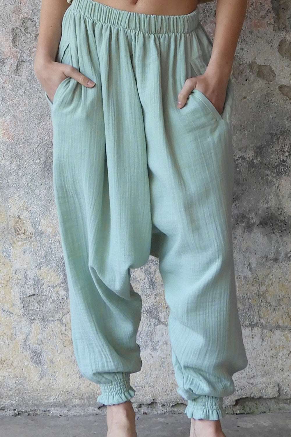 Odana's | GAIA Women's Gauze Cotton Harem Pants (Light Blue, Mint, Orange) Mint | Harem Pants | Sustainable Fashion