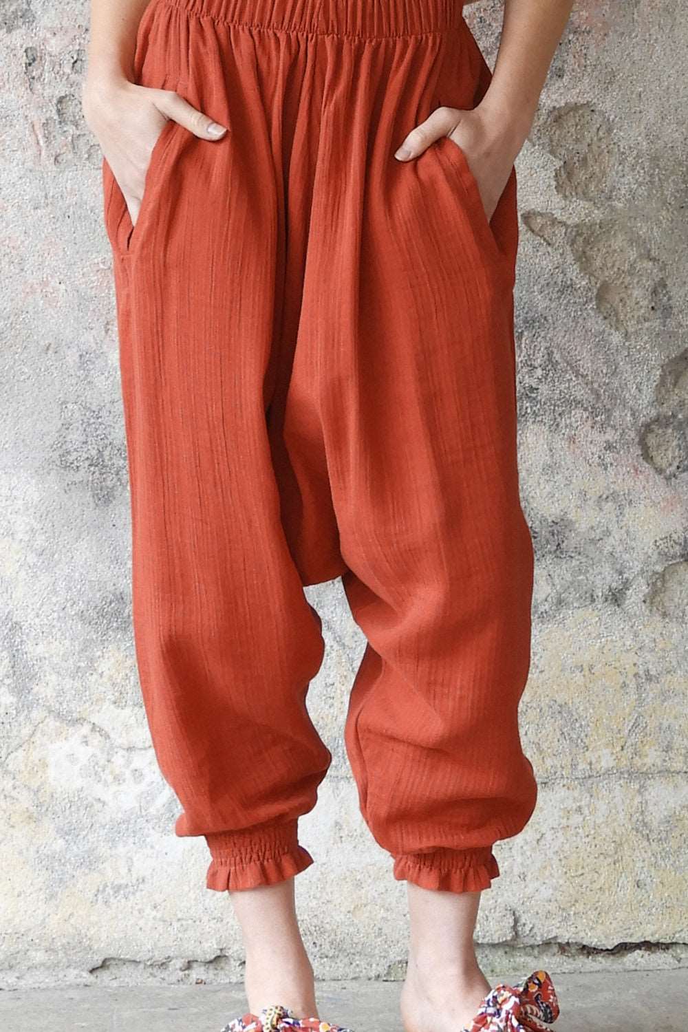 Odana's | Sustainable Gifts | GAIA Women's Organic Gauze Cotton Harem Pants (Red, Terra Cotta, Caramel) Red | Harem Pants | Sustainable Fashion