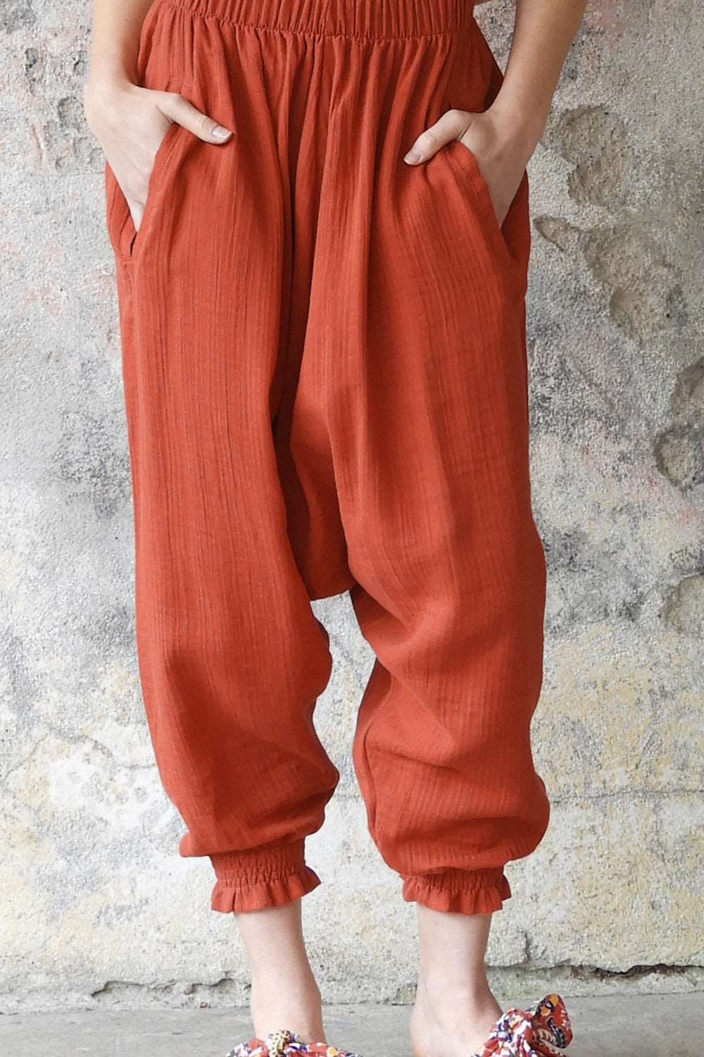 Odana's | GAIA Women's Gauze Cotton Harem Pants (Red, Terra Cotta, Caramel) Red | Harem Pants | Sustainable Fashion