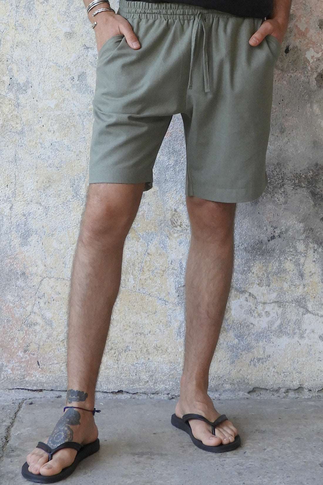 Odana's | Sustainable Gifts | BOREAS Linen Blend Shorts Man (Brown, Almond Green, Dark Gray) Almond Green | Linen Pants | Sustainable Fashion