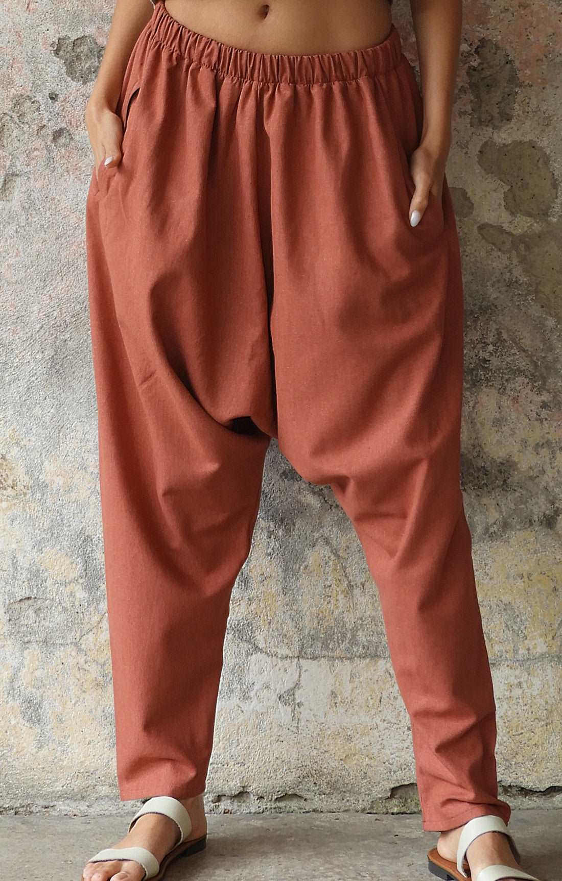 Odana's | Sustainable Gifts | MOON Gender Neutral Linen Blend Harem Pants (Terra Cotta, Almond Green) Terra Cotta | Linen Harem Pants | Sustainable Fashion