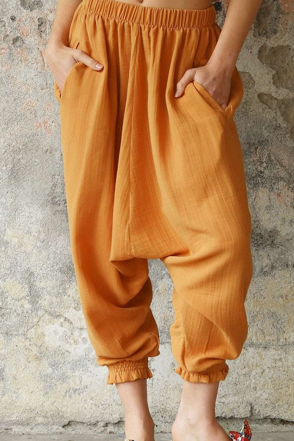 Odana's | GAIA Women's Gauze Cotton Harem Pants (Light Blue, Mint, Orange) Orange | Harem Pants | Sustainable Fashion