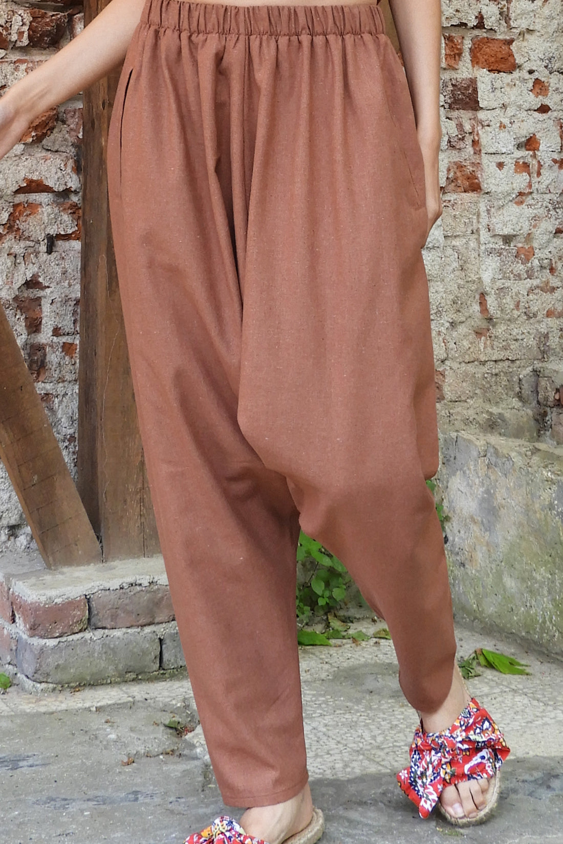 Odana's | Sustainable Gifts | MOON Women's Linen Blend Harem Pants (Brown) Brown | Linen Harem Pants | Sustainable Fashion