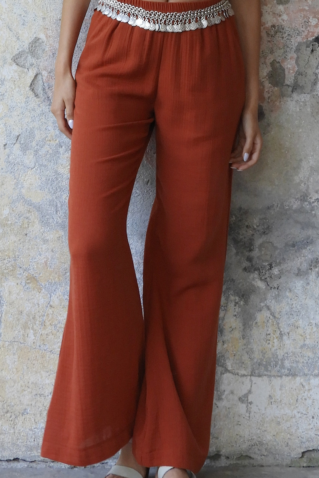Odana's | Sustainable Gifts | PALAZZO Women's 2Layer Organic Gauze Cotton Pants (Green, Terra Cotta, Mustard, Brown) Terra Cotta | Palazzo Pants | Sustainable Fashion
