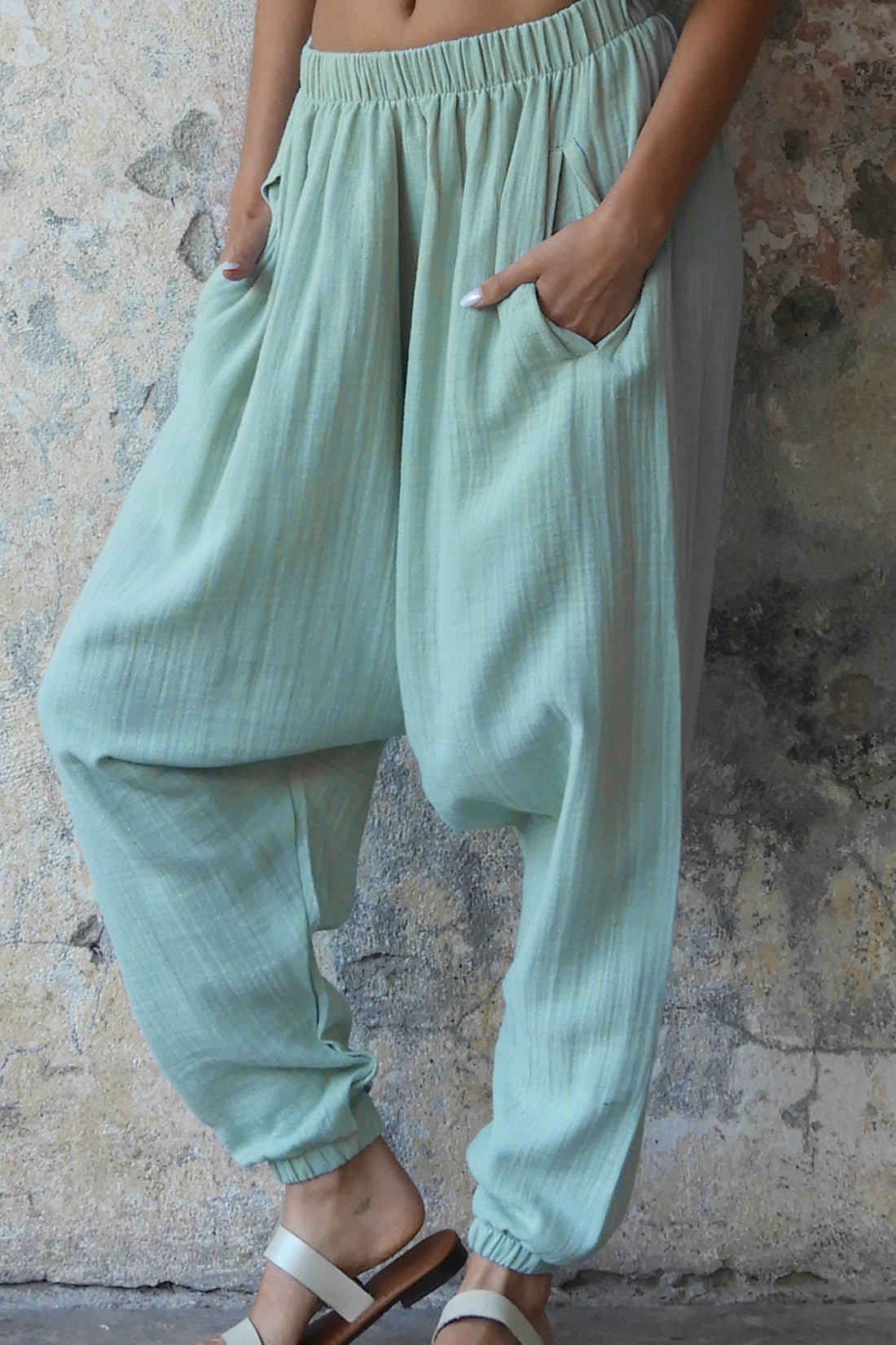 Odana's | Sustainable Gifts | TRIBAL Women's Organic Gauze Cotton Harem Pants (Caramel, Mint Green) Mint Green | Harem Pants | Sustainable Fashion