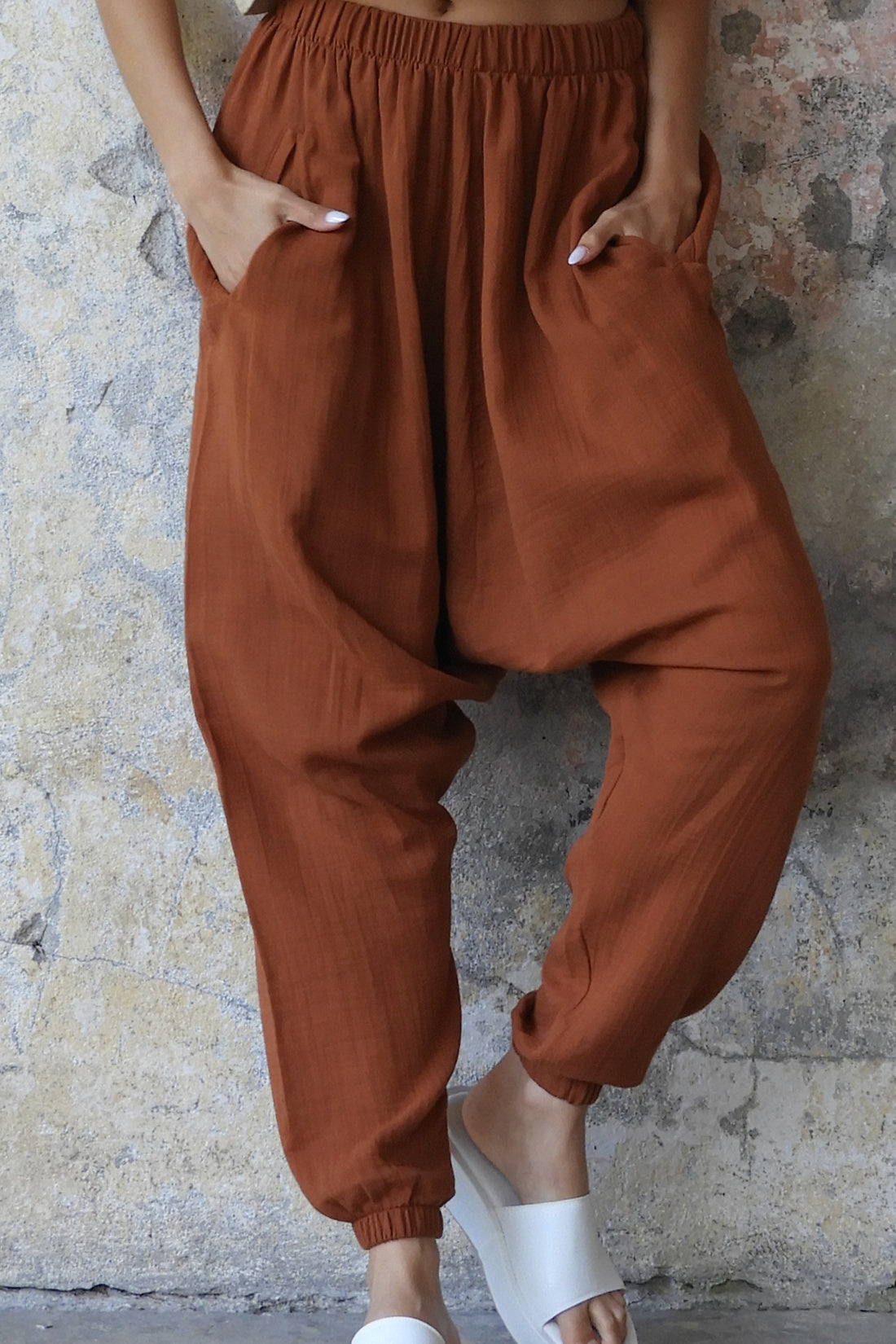 Sustainable  | TRIBAL Women's Gauze Cotton Harem Pants (Brown, Dark Blue) by Odana's