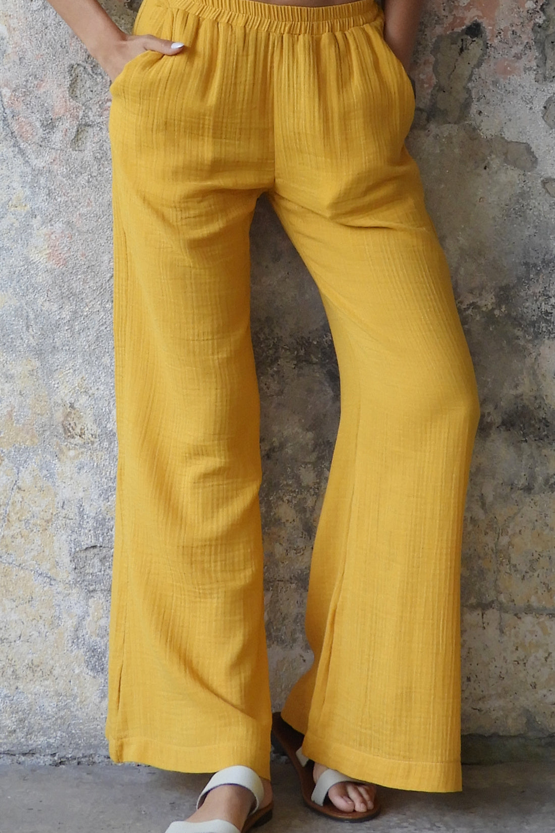 Odana's | Sustainable Gifts | PALAZZO Women's 2Layer Organic Gauze Cotton Pants (Green, Terra Cotta, Mustard, Brown) Mustard | Palazzo Pants | Sustainable Fashion