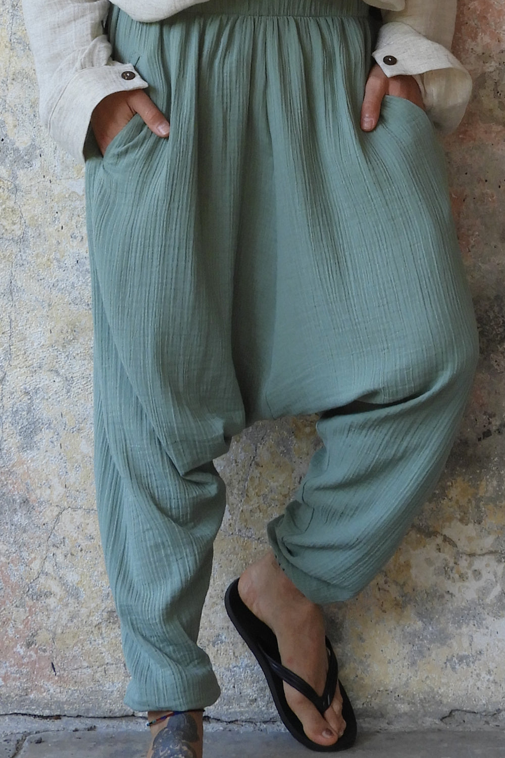 Odana's | Sustainable Gifts | TRIBAL Men's Organic Gauze Cotton Harem Pants (Army Green, Sage Green) Sage Green | Harem Pants | Sustainable Fashion