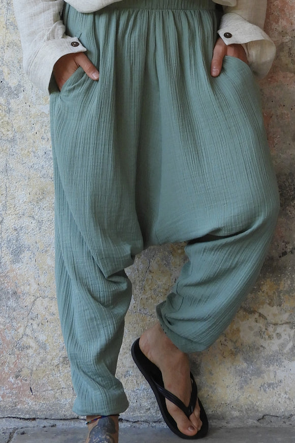 Odana's | Sustainable Gifts | TRIBAL Men's Organic Gauze Cotton Harem Pants (Army Green, Sage Green) Sage Green | Harem Pants | Sustainable Fashion