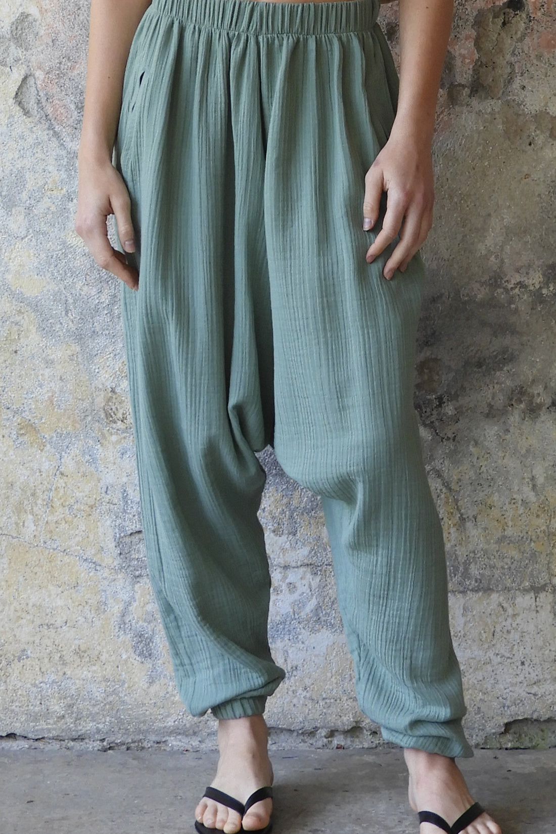 Odana's | Sustainable Gifts | TRIBAL Women's Organic Gauze Cotton Harem Pants (Red, Sage Green) Sage Green | Harem Pants | Sustainable Fashion