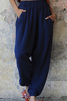 Odana's | Sustainable Gifts | TRIBAL Women's Organic Gauze Cotton Harem Pants (Brown, Dark Blue) Dark Blue | Harem Pants | Sustainable Fashion