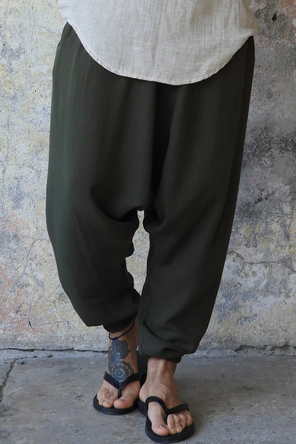Sustainable  | TRIBAL Men's Gauze Cotton Harem Pants (Army Green, Sage Green) by Odana's