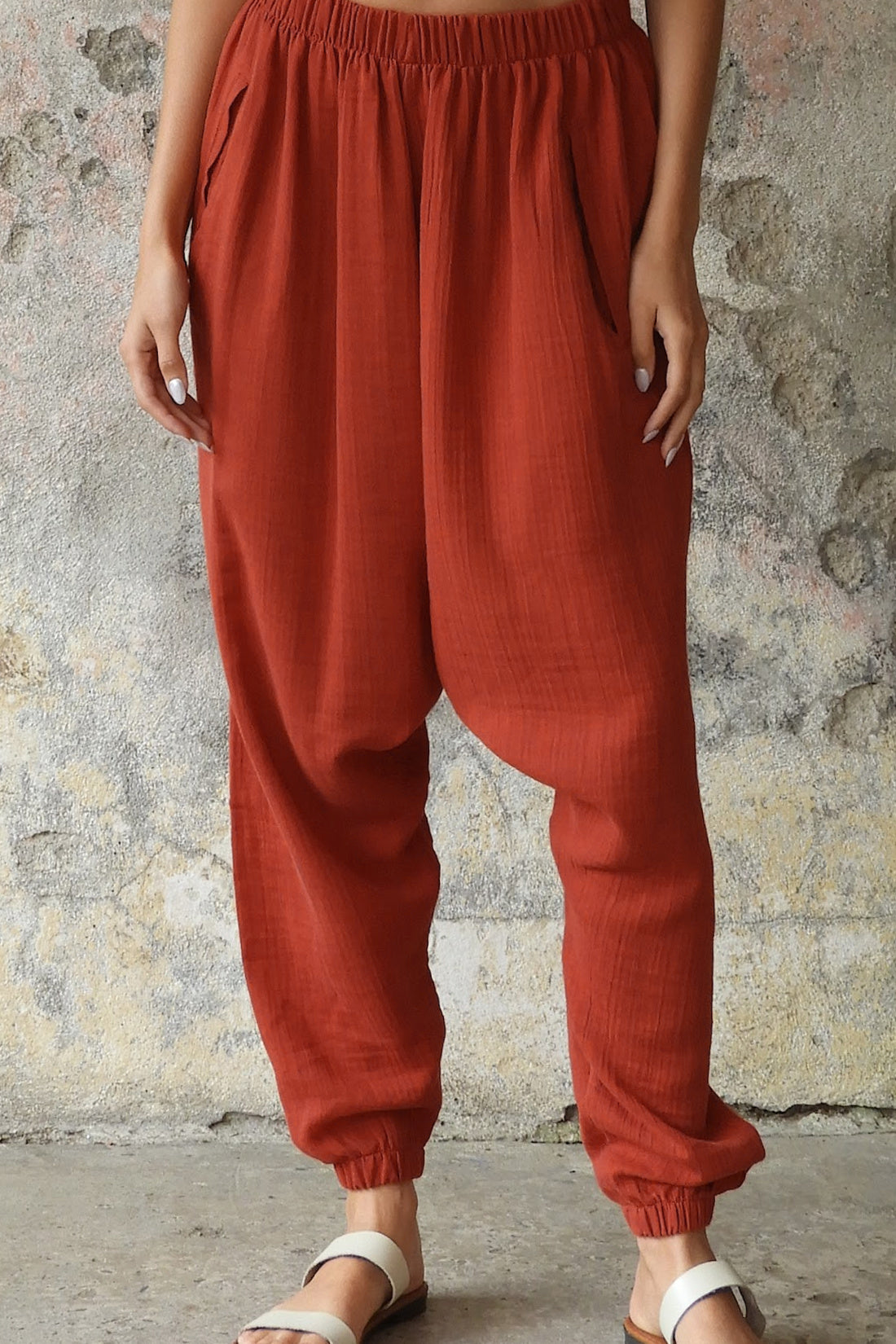 Odana's | Sustainable Gifts | TRIBAL Women's Organic Gauze Cotton Harem Pants (Red, Sage Green) Red | Harem Pants | Sustainable Fashion
