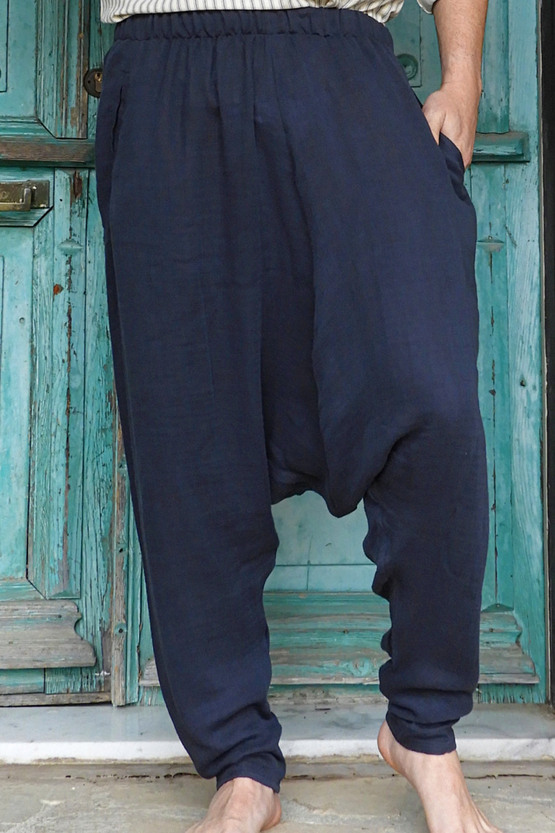 Odana's | Sustainable Gifts | RELAX Men's Organic Gauze Cotton Harem Pants (Black, Dark Blue) Dark Blue | Harem Pants | Sustainable Fashion