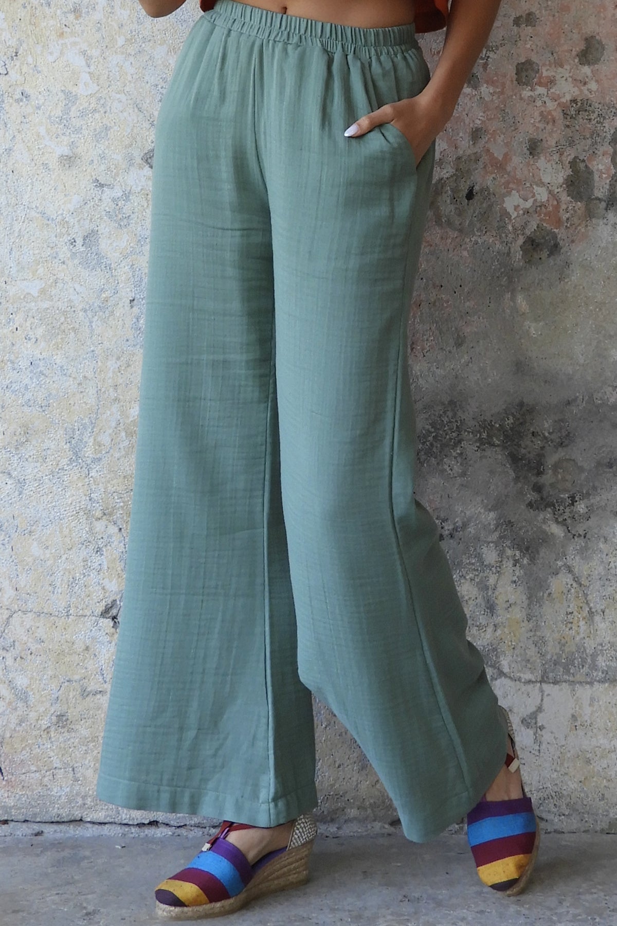 Odana's | Sustainable Gifts | PALAZZO Women's 2Layer Organic Gauze Cotton Pants (Red, Dark Blue, Caramel, Sage Green) Sage Green | Palazzo Pants | Sustainable Fashion