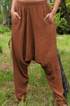 Odana's | Sustainable Gifts | RELAX Gender Neutral Organic Gauze Cotton Harem Pants (Brown, Indigo Blue) Brown | Harem Pants | Sustainable Fashion