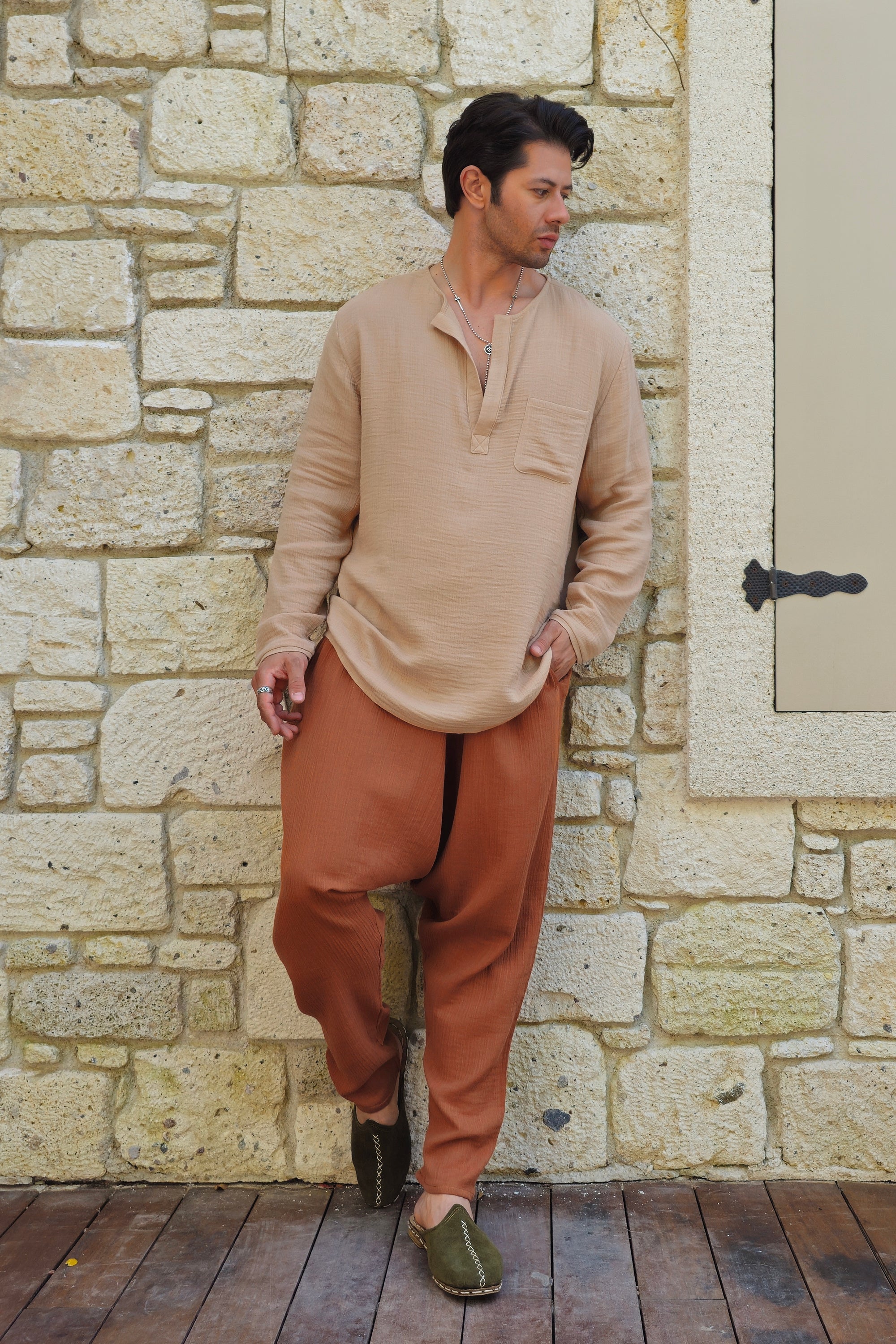 THANOS Bamboo-Cotton Shirt – Men's Oversized Boho Shirt ( Mist Blue, Beige )