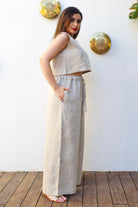 plus size beige linen pants elastic waist detail