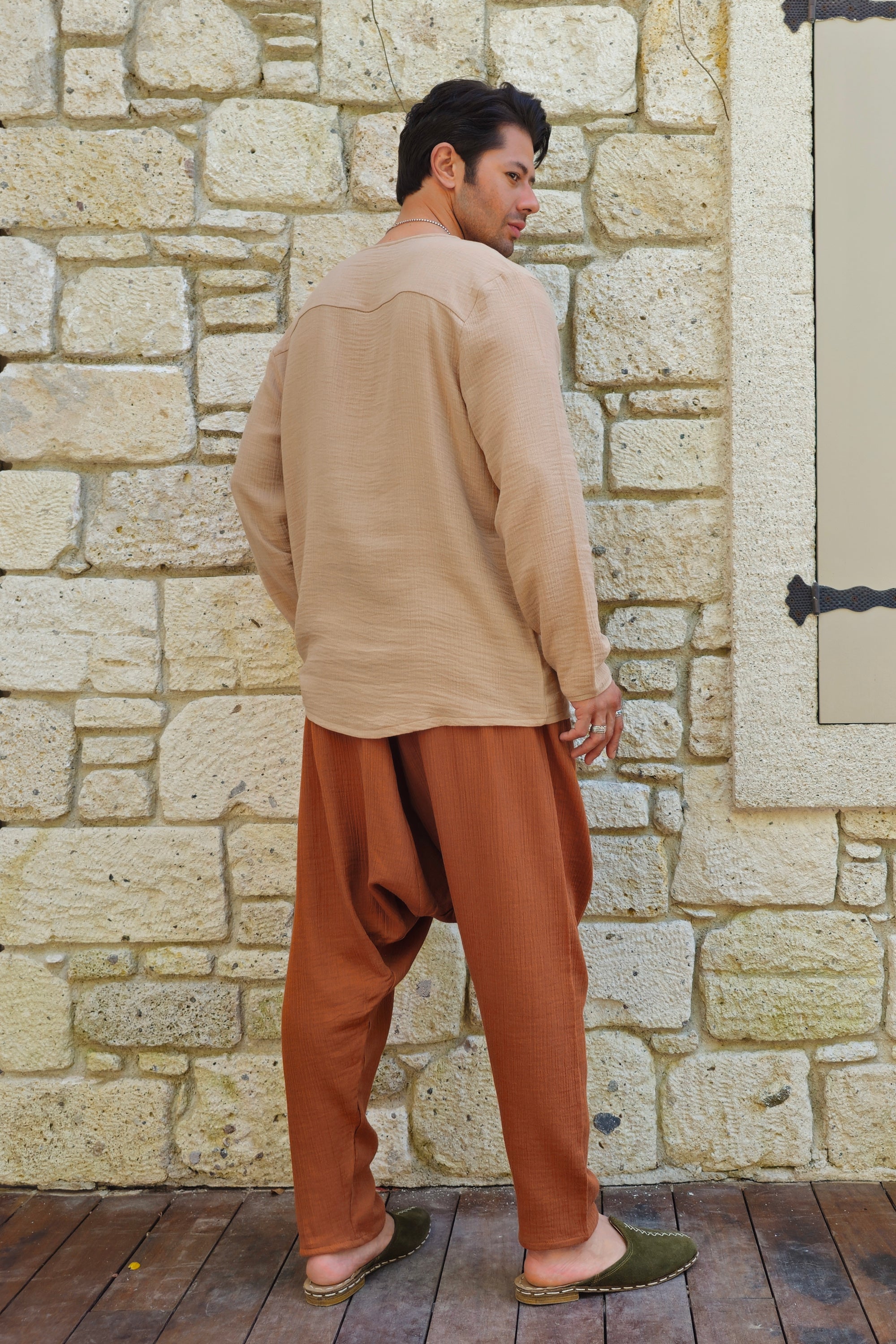 THANOS Bamboo & Cotton Shirt – Men's Oversized Boho Shirt ( Mist Blue, Beige )