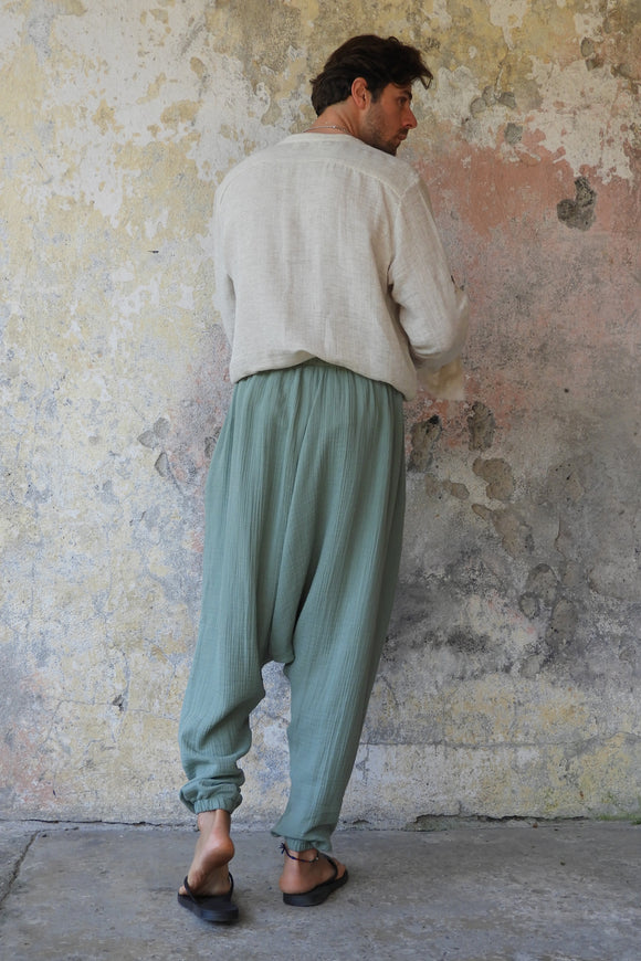 Odana's | Sustainable Gifts | TRIBAL Men's Organic Gauze Cotton Harem Pants (Army Green, Sage Green) | Harem Pants | Sustainable Fashion
