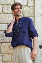 Odana's | Sustainable Gifts | ZEUS Men's Double Gauze Shirt (Beige, Dark Blue) Dark Blue | Shirts | Sustainable Fashion