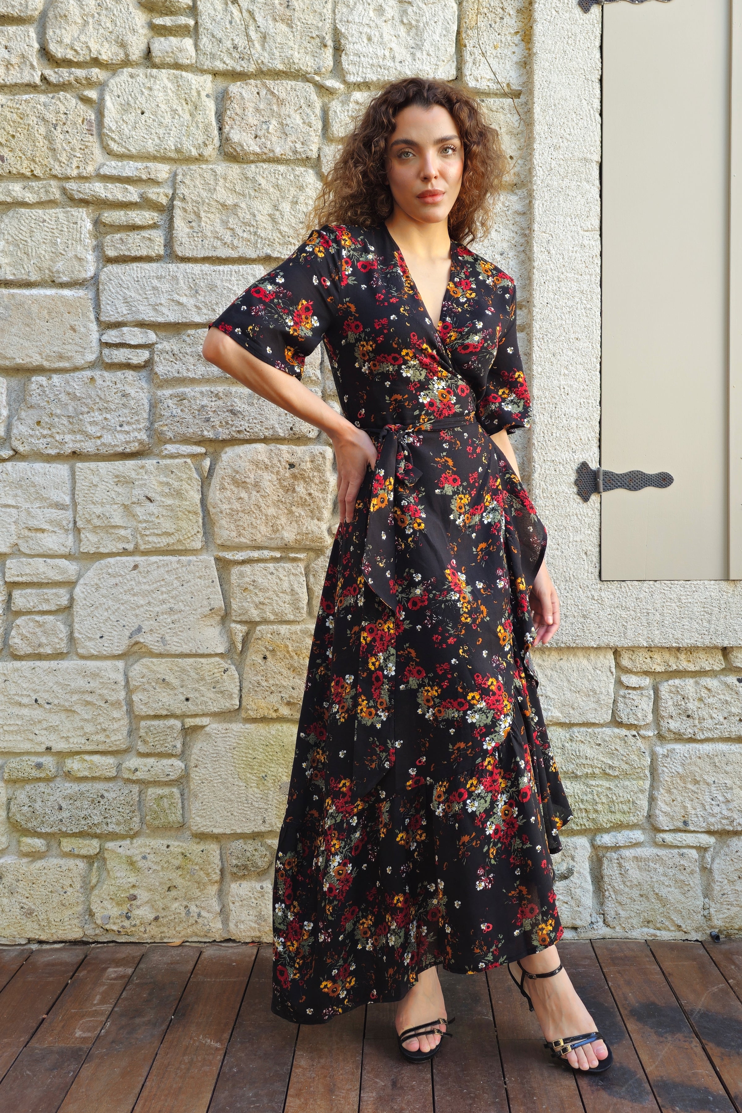 PEONY Floral Wrap Dress (Cream, Black)