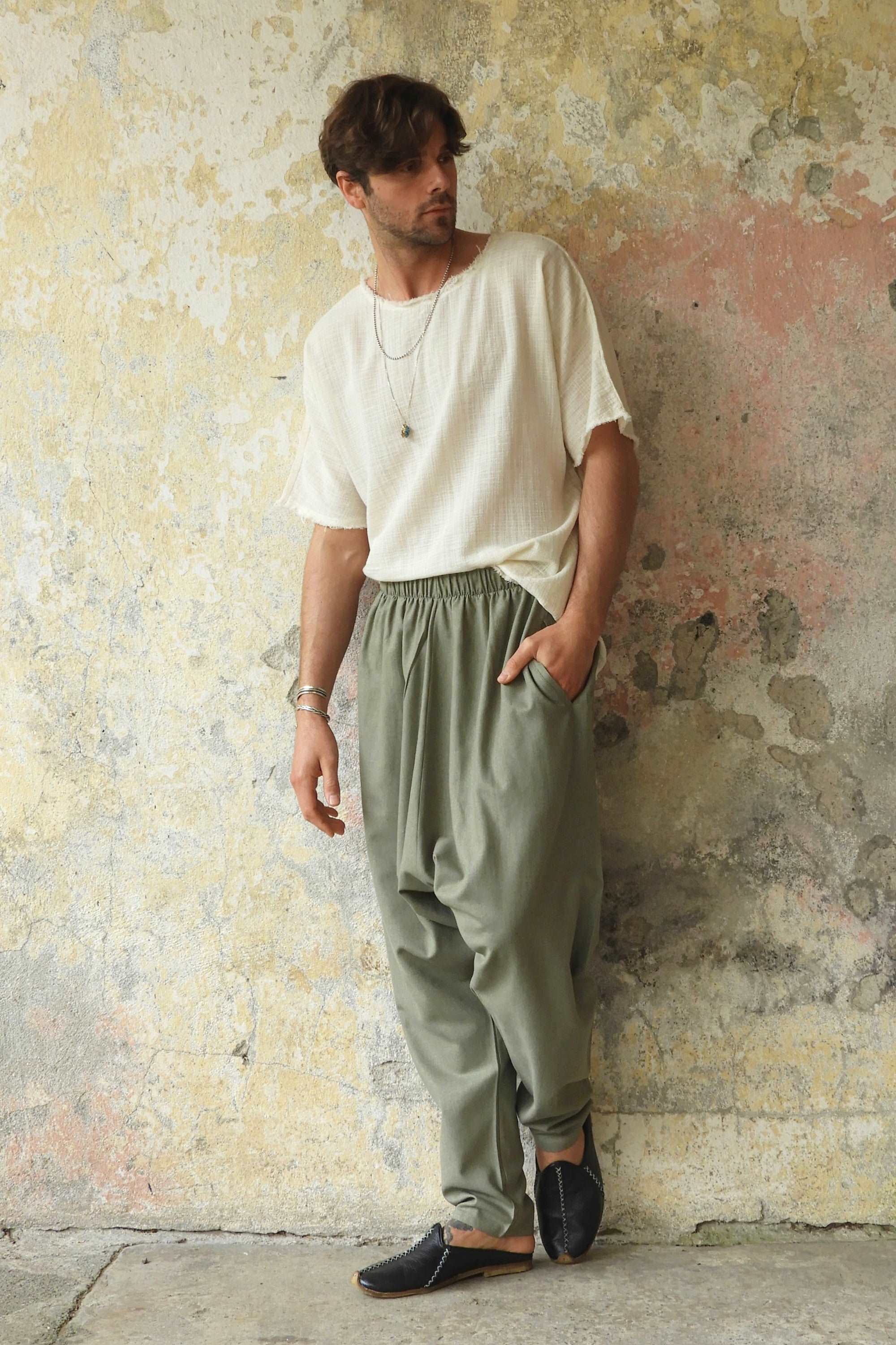 Sustainable  | MOON Men's Linen Blend Harem Pants (Almond Green) by Odana's